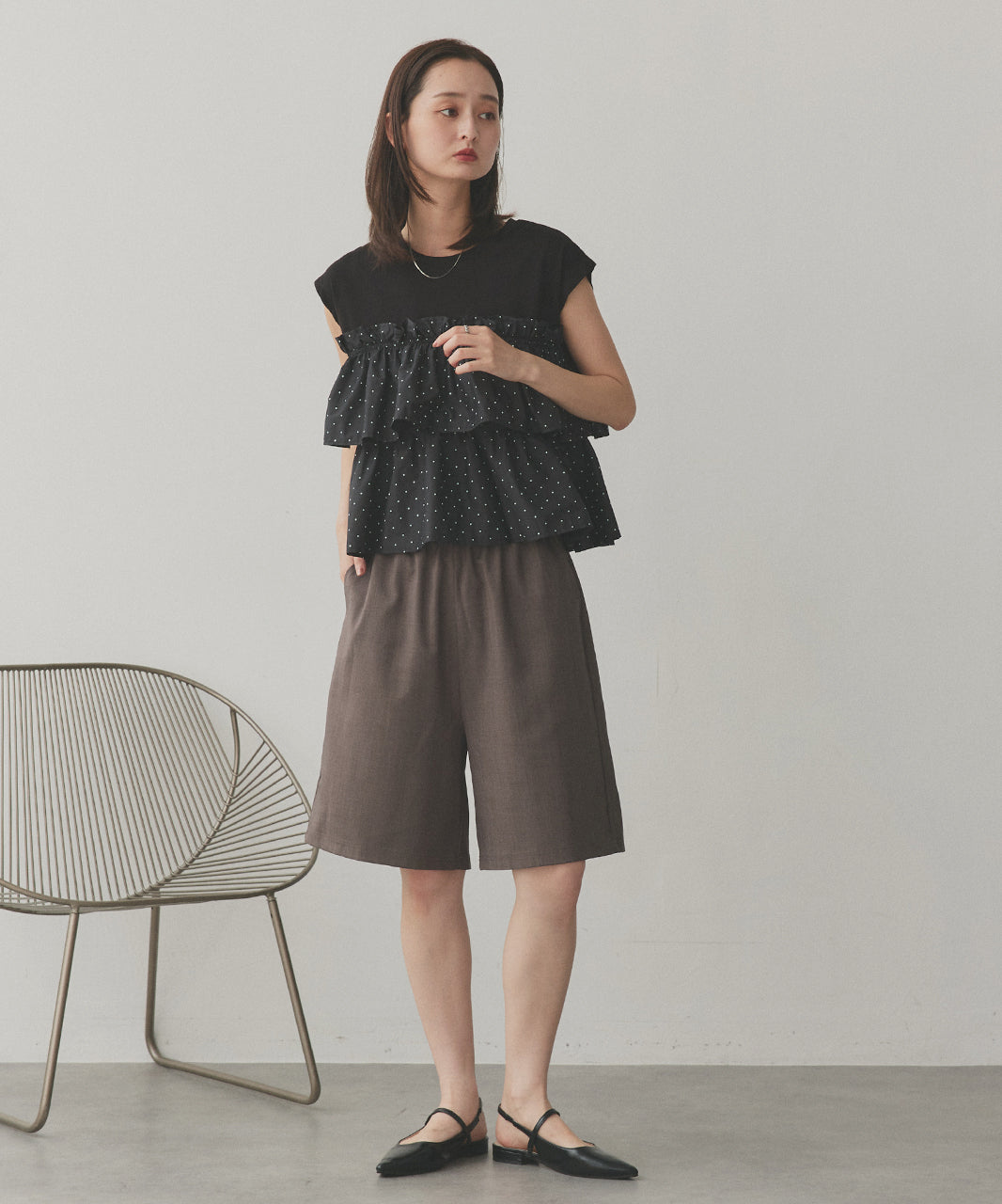 アドティエ ad thie 【2025AW新作】ポルカドットティアードフリルトップス (ブラック) ブラック