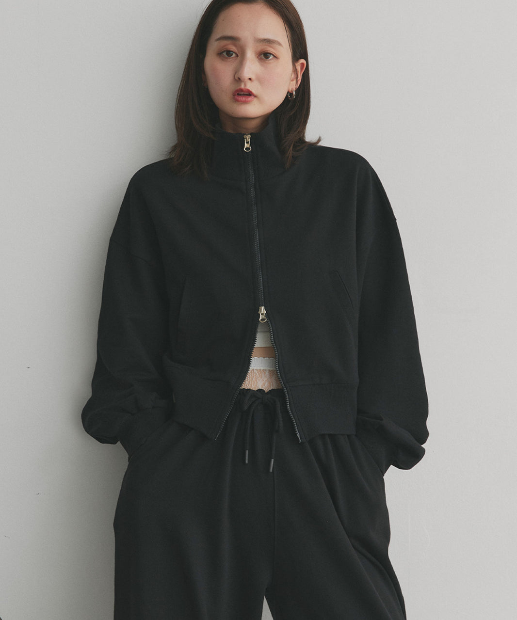アドティエ ad thie 【2025AW新作】スタンドカラーダブルジップスウェットブルゾン (ブラック) ブラック