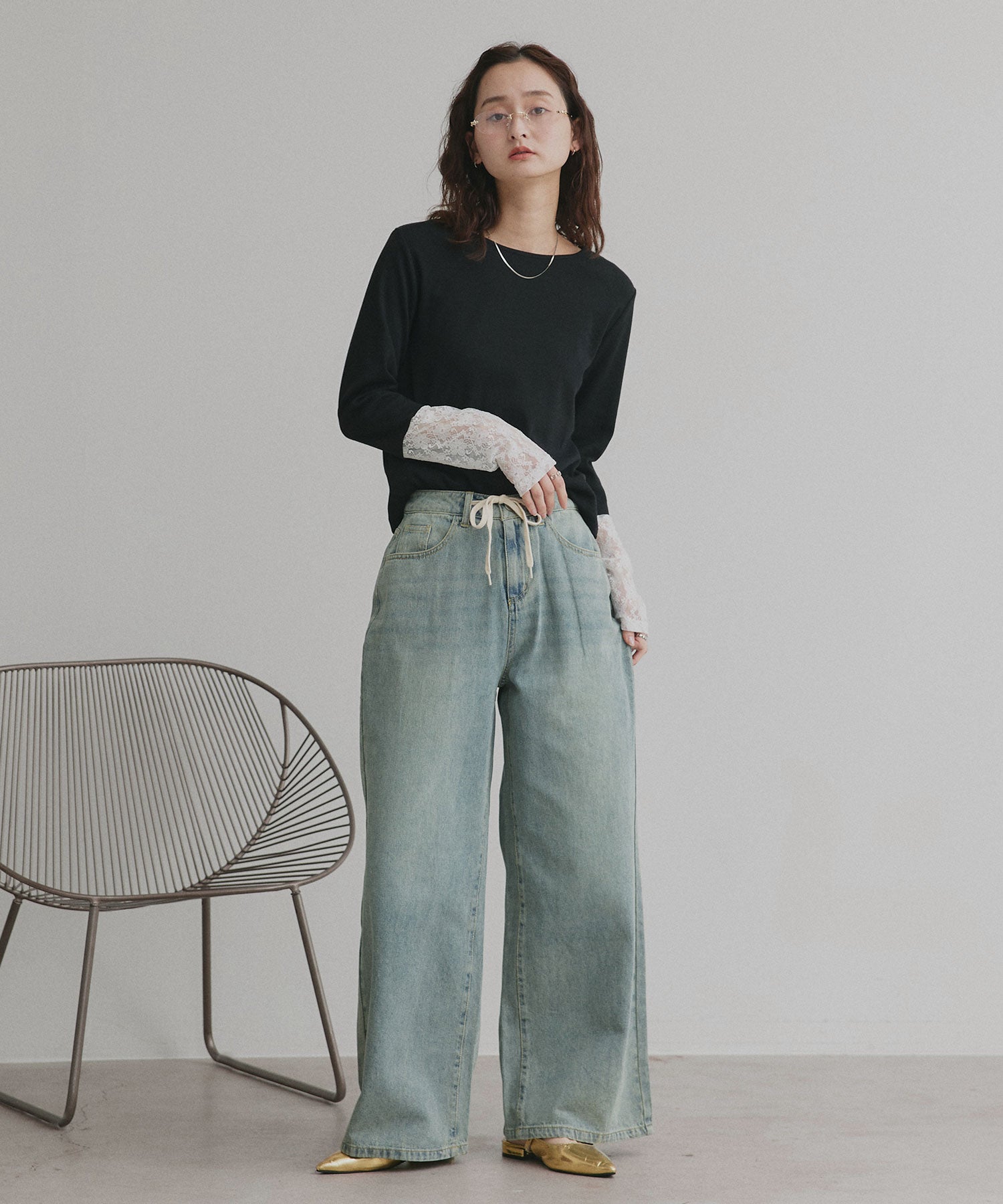 アドティエ ad thie 【2025AW新作】袖切替ラメシアー レースアソートトップス (ブラウン×ラメシアー) ブラウン×ラメシアー