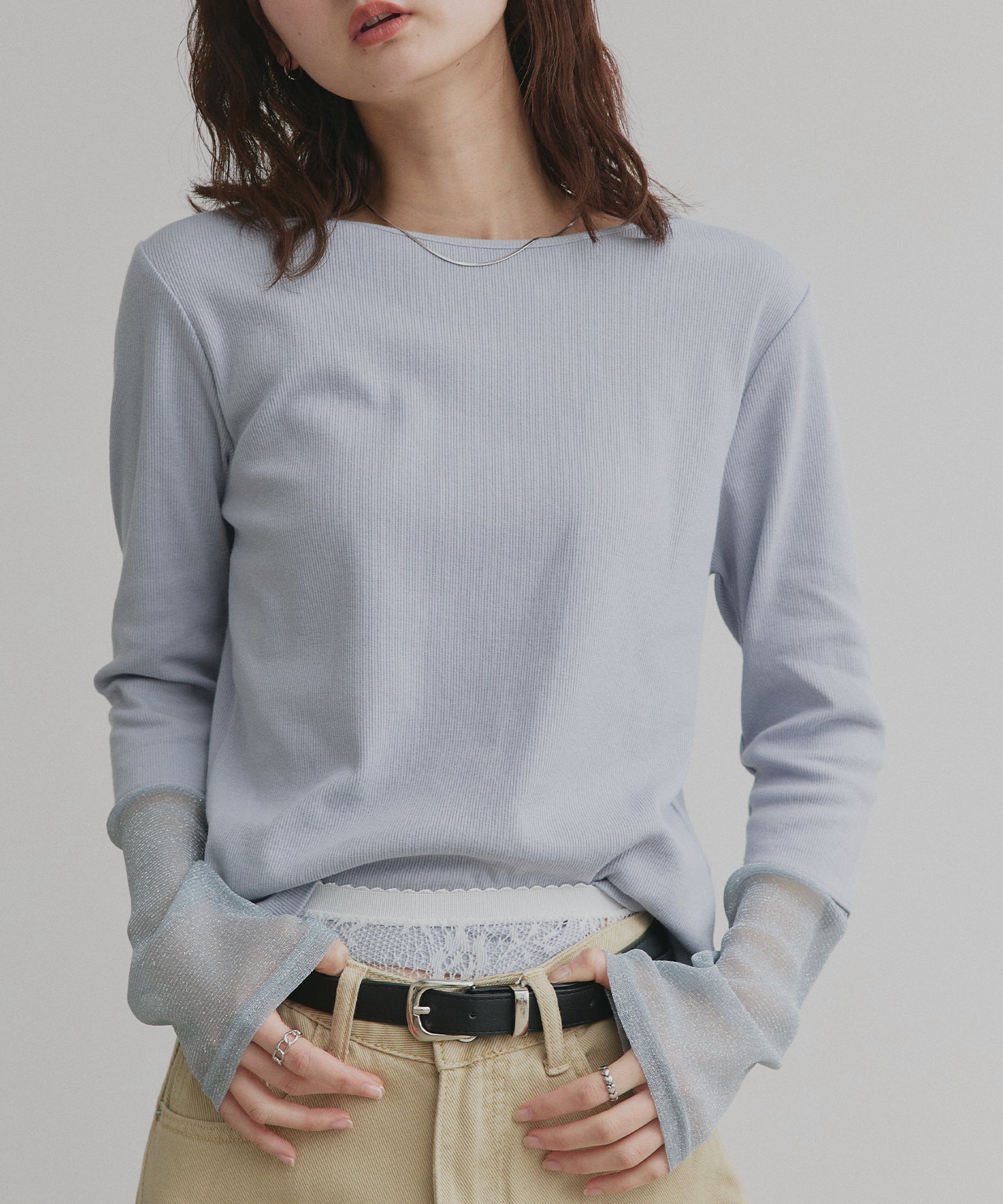 アドティエ ad thie 【2025AW新作】袖切替ラメシアー レースアソートトップス (ブラウン×ラメシアー) ブラウン×ラメシアー