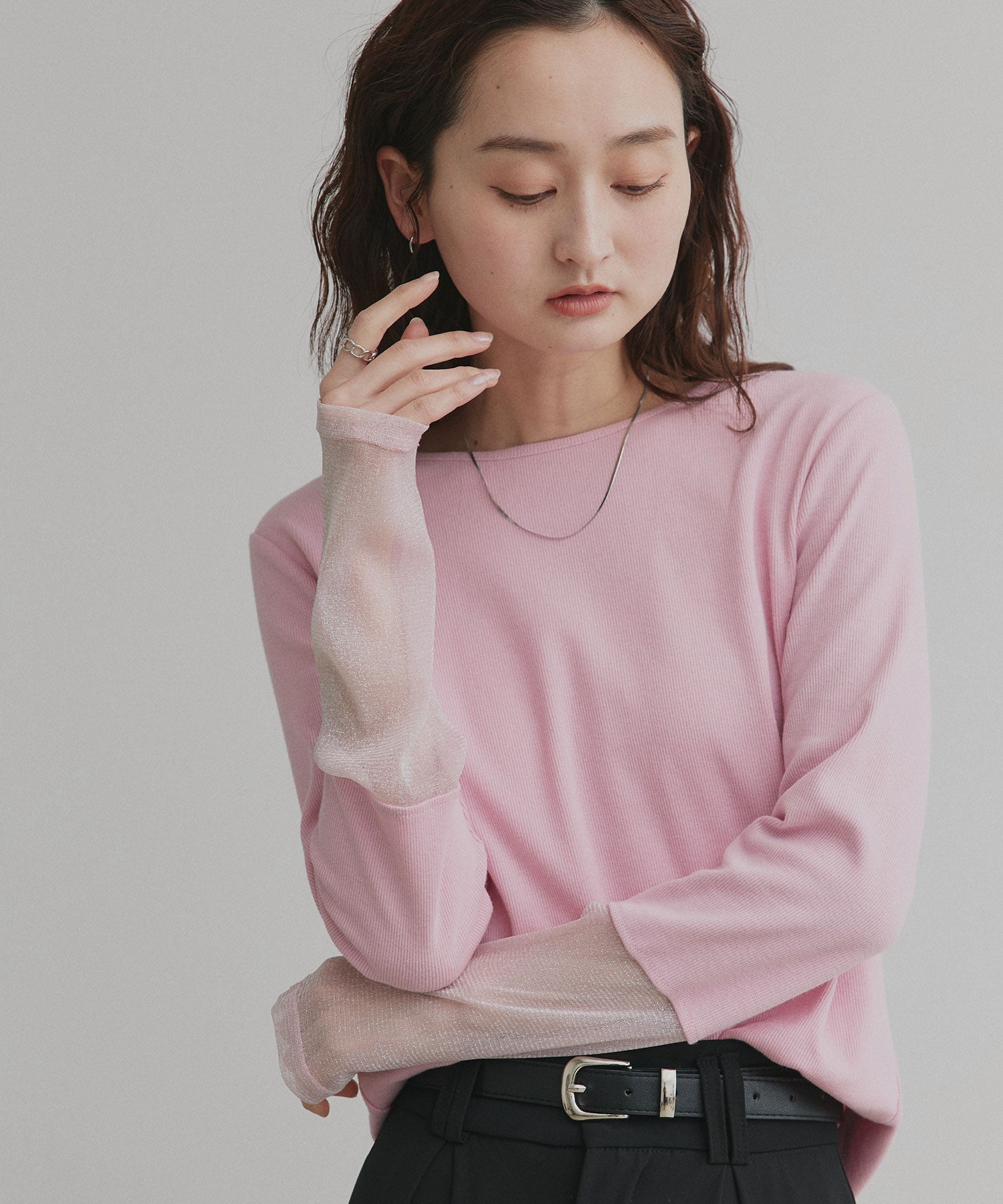 アドティエ ad thie 【2025AW新作】袖切替ラメシアー レースアソートトップス (ブラウン×ラメシアー) ブラウン×ラメシアー