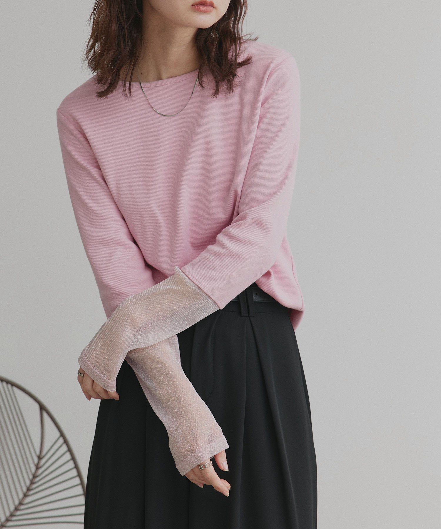 アドティエ ad thie 【2025AW新作】袖切替ラメシアー レースアソートトップス (ブラウン×ラメシアー) ブラウン×ラメシアー