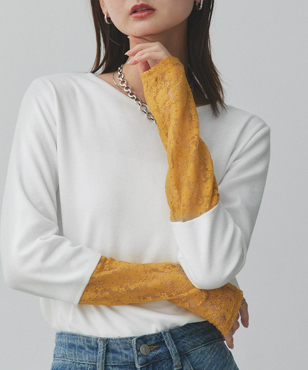 アドティエ ad thie 【2025AW新作】袖切替ラメシアー レースアソートトップス (オフホワイト×イエローレース) オフホワイト×イエローレース
