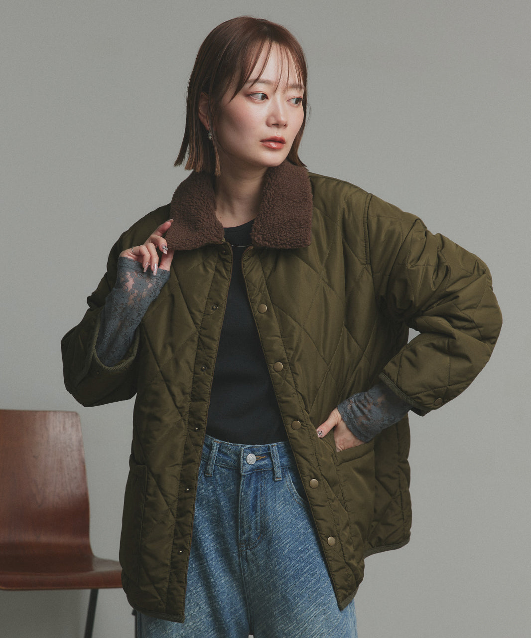 アドティエ ad thie 【2025AW新作】バイカラーパデットキルトブルゾン (カーキ) カーキ