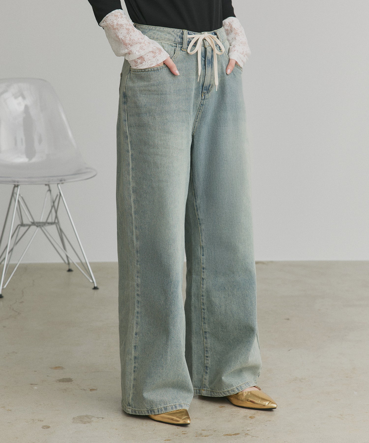 アドティエ ad thie 【2026SS新作】ヴィンテージワイドデニムパンツ (ブラック) ブラック