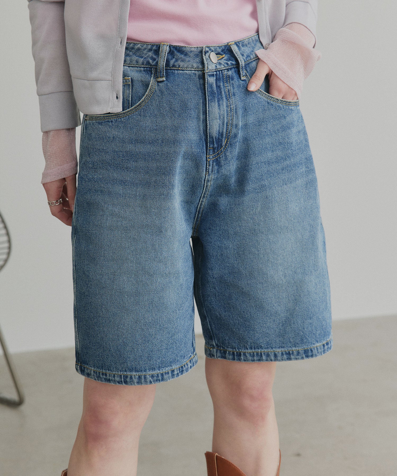 アドティエ ad thie 【2026SS新作】ヴィンテージハーフデニムパンツ (ブルー) ブルー