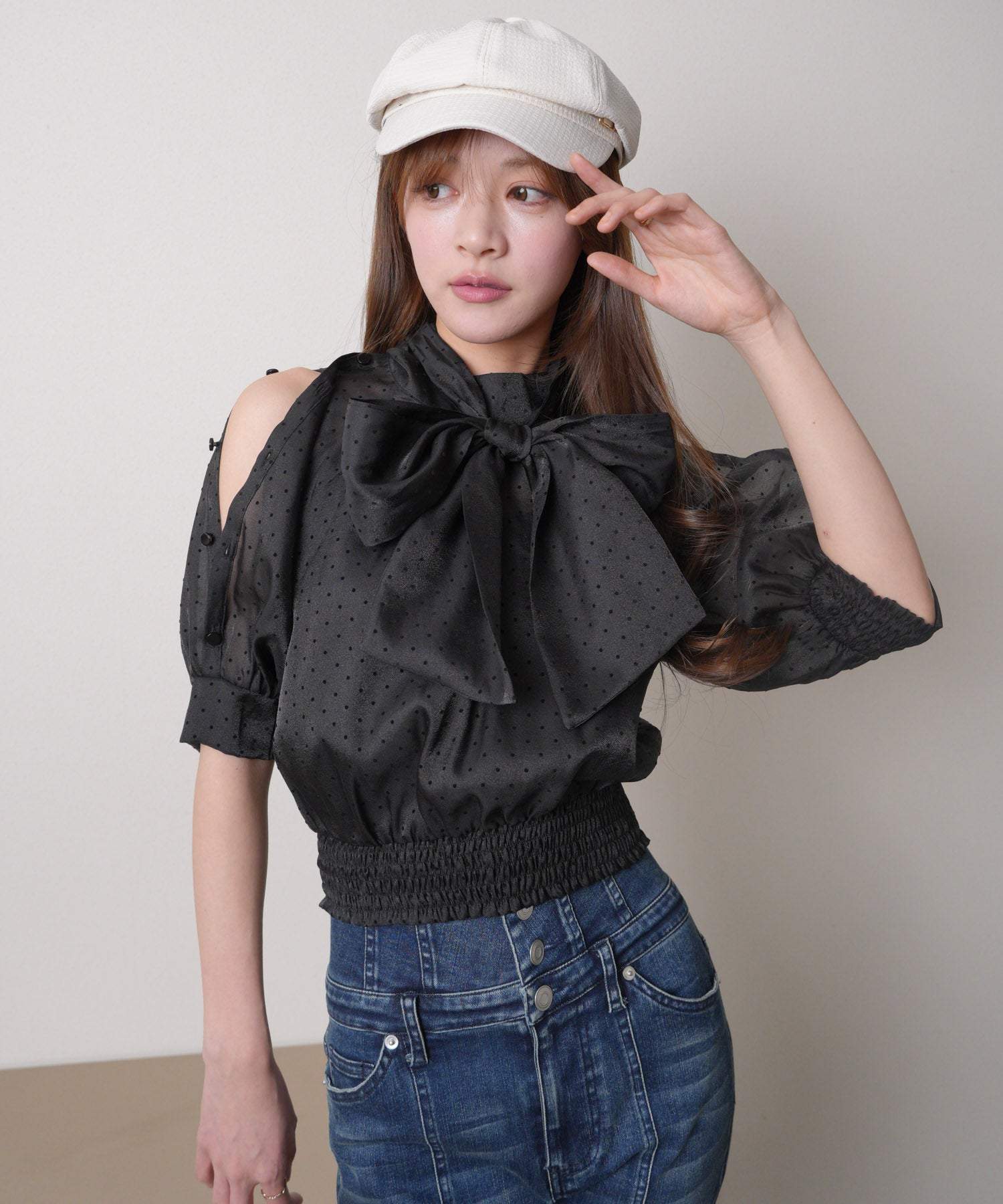 リップサービス LIP SERVICE ショルダーボタンシアーリボンブラウス (ミックス1) ミックス1