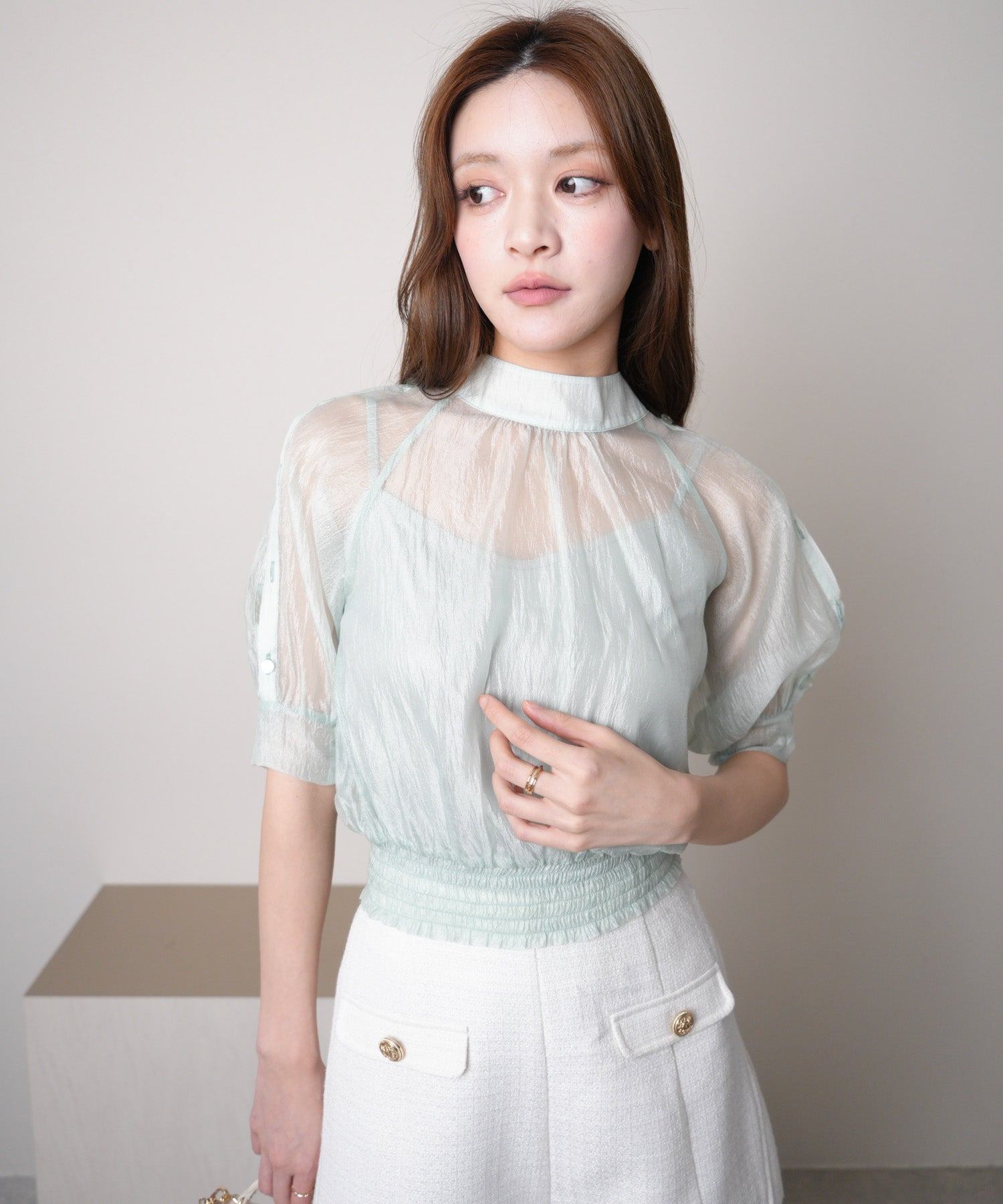 リップサービス LIP SERVICE ショルダーボタンシアーリボンブラウス (ミント) ミント