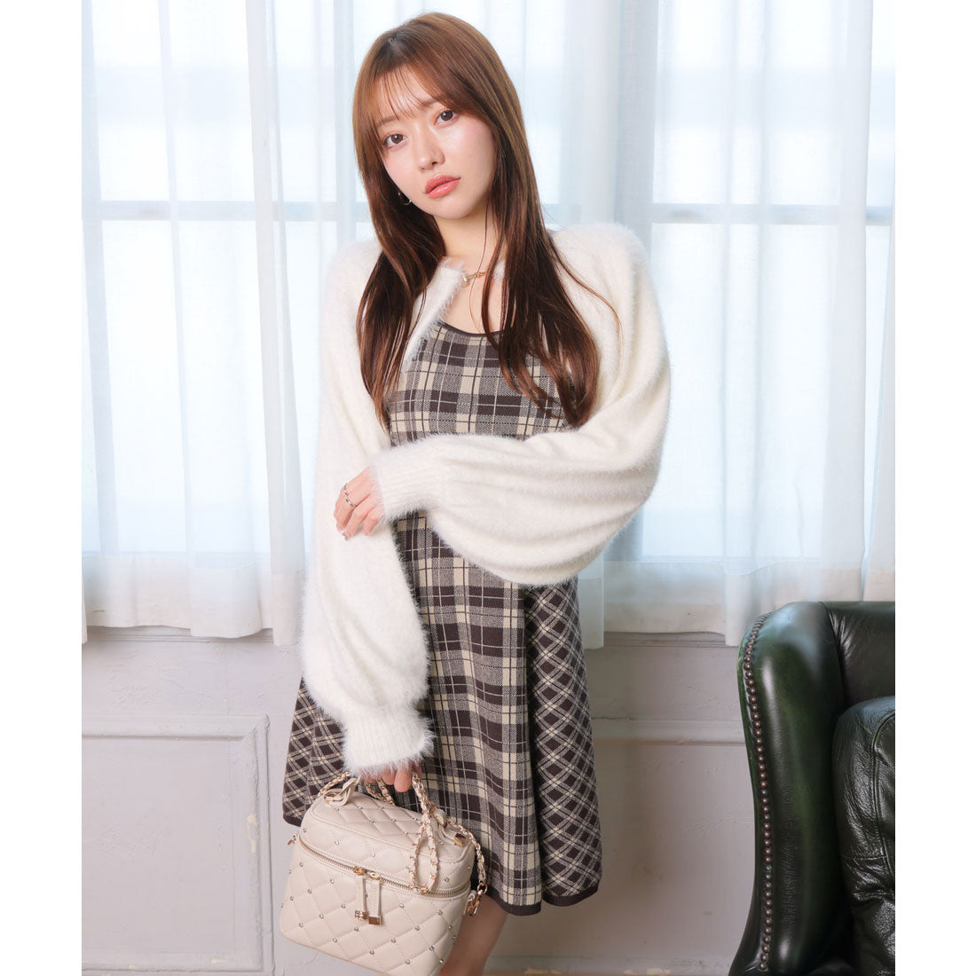 リップサービス LIP SERVICE 【形が選べる】フェザーチェックアンサンブルワンピース (ブラウン) ブラウン