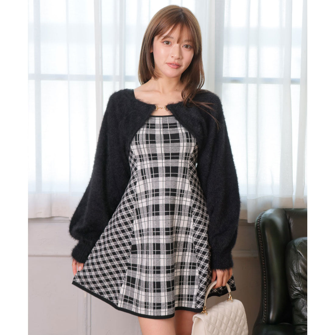 リップサービス LIP SERVICE 【形が選べる】フェザーチェックアンサンブルワンピース (ブラック) ブラック