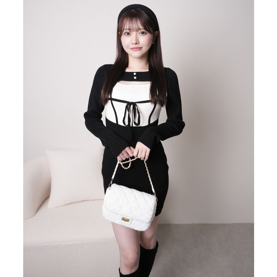 リップサービス LIP SERVICE デコルテオープンバイカラーリボンニットワンピース (ブラック) ブラック