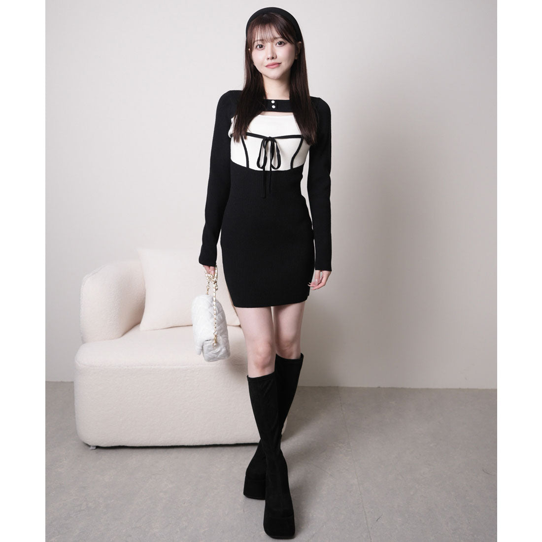 リップサービス LIP SERVICE デコルテオープンバイカラーリボンニットワンピース (ブラック) ブラック