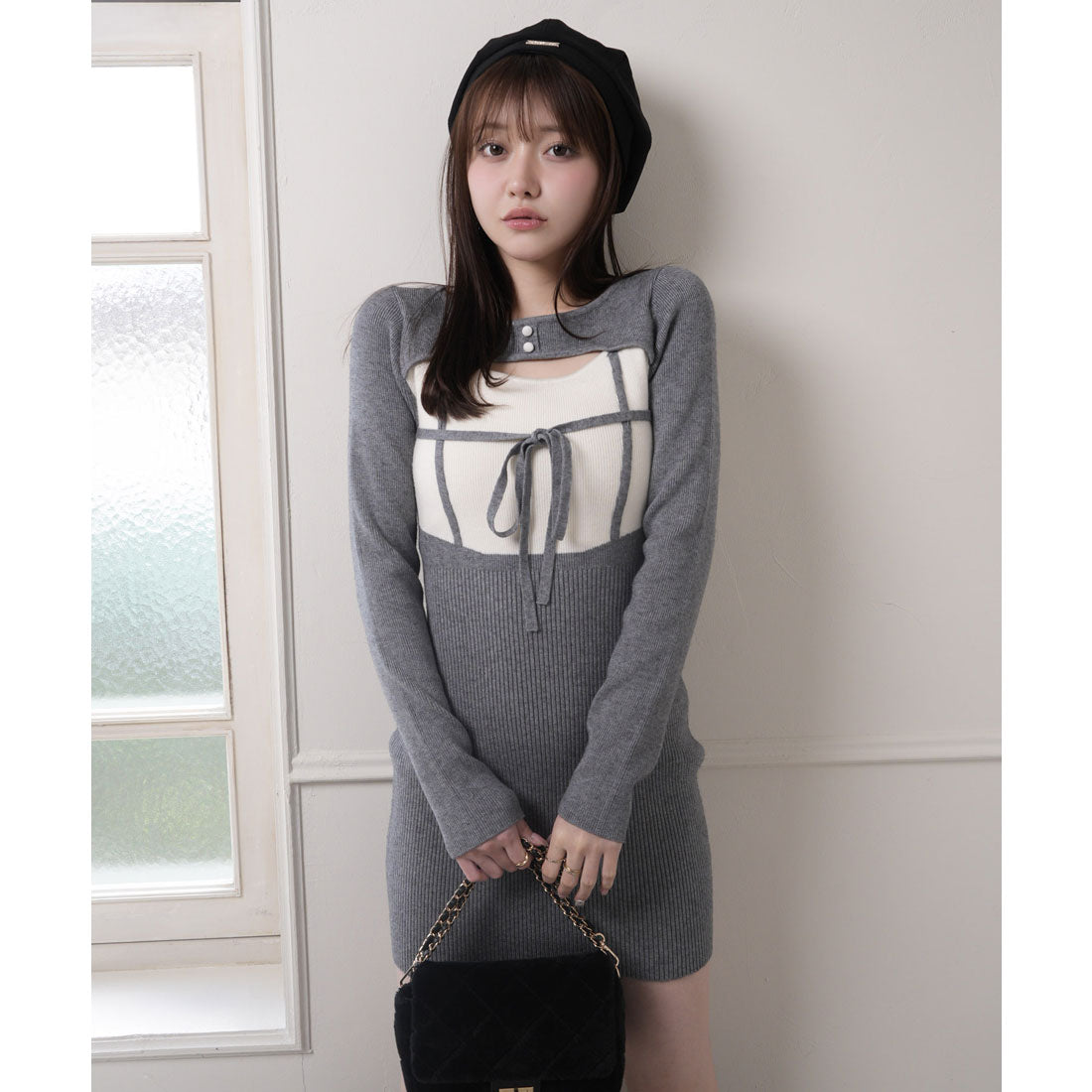 リップサービス LIP SERVICE デコルテオープンバイカラーリボンニットワンピース (グレー) グレー