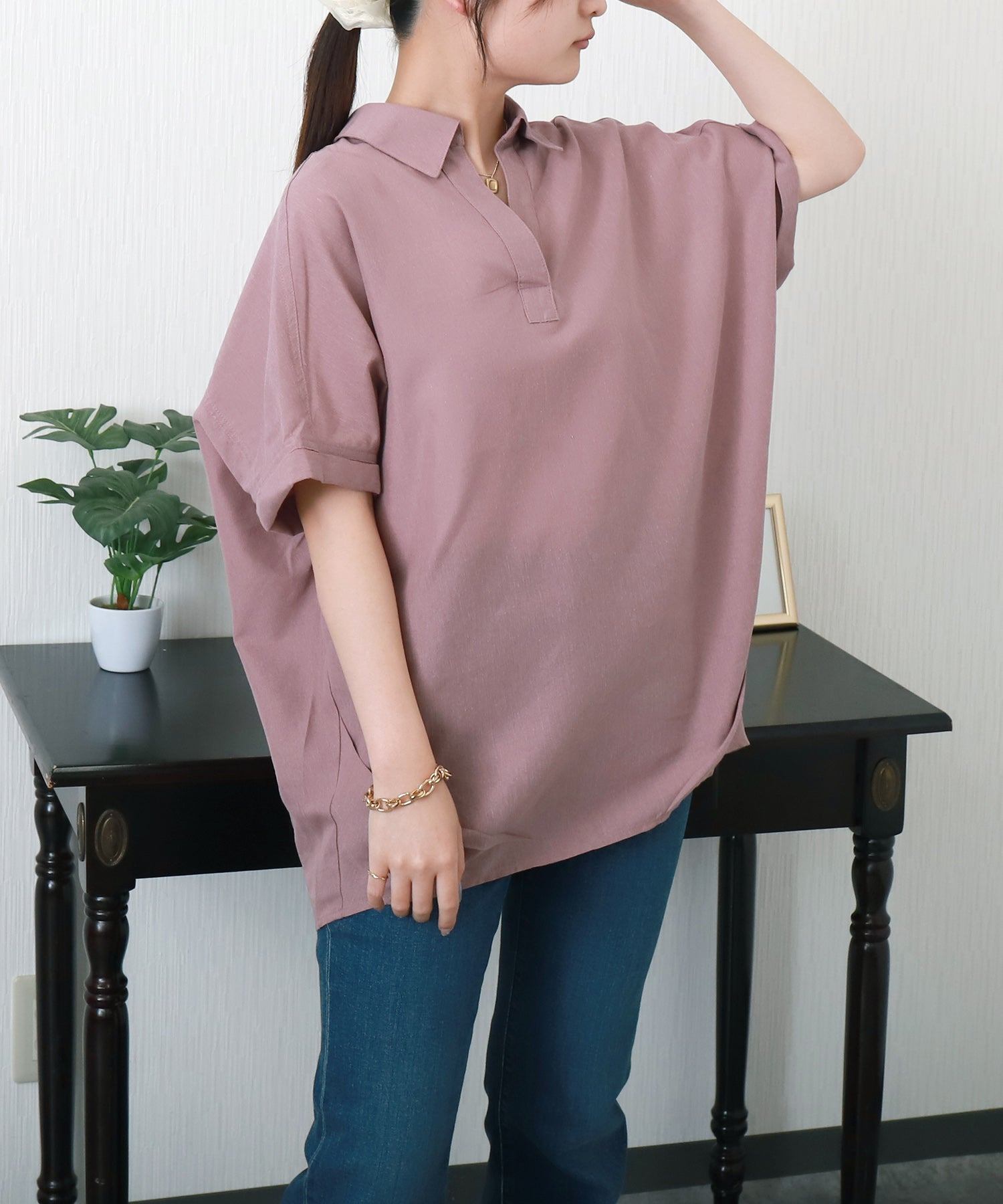 リベル モア libelle more 【抗菌・UVカット・吸水速乾】「やわさらリネン」スキッパーシャツ (ピンク) ピンク