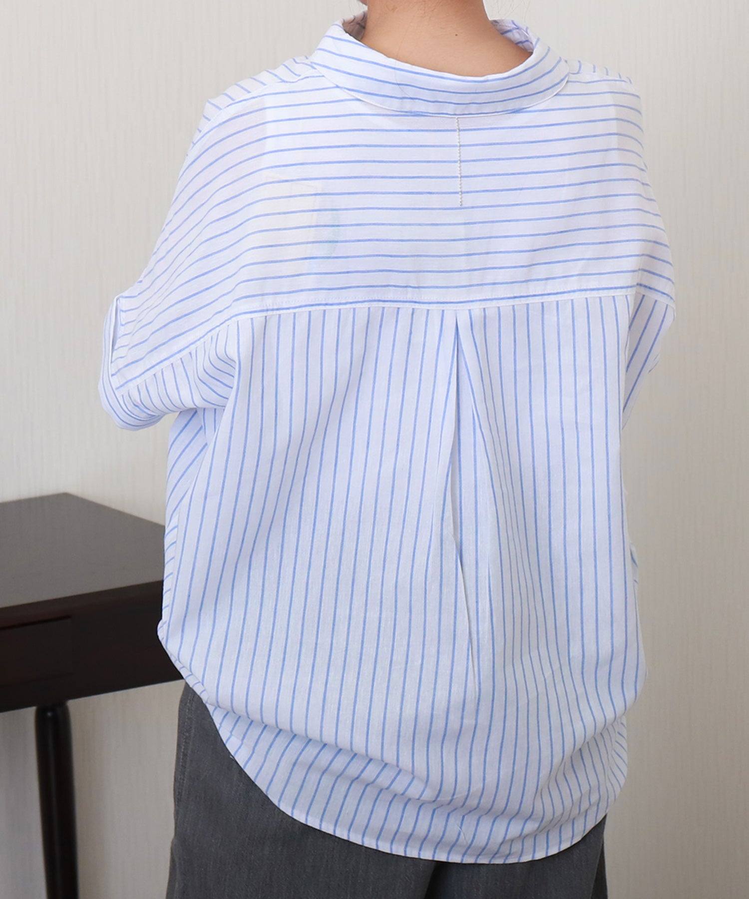 リベル モア libelle more 【抗菌・UVカット・吸水速乾】「やわさらリネン」ストライプスキッパーシャツ (オフ*サックス) オフ*サックス