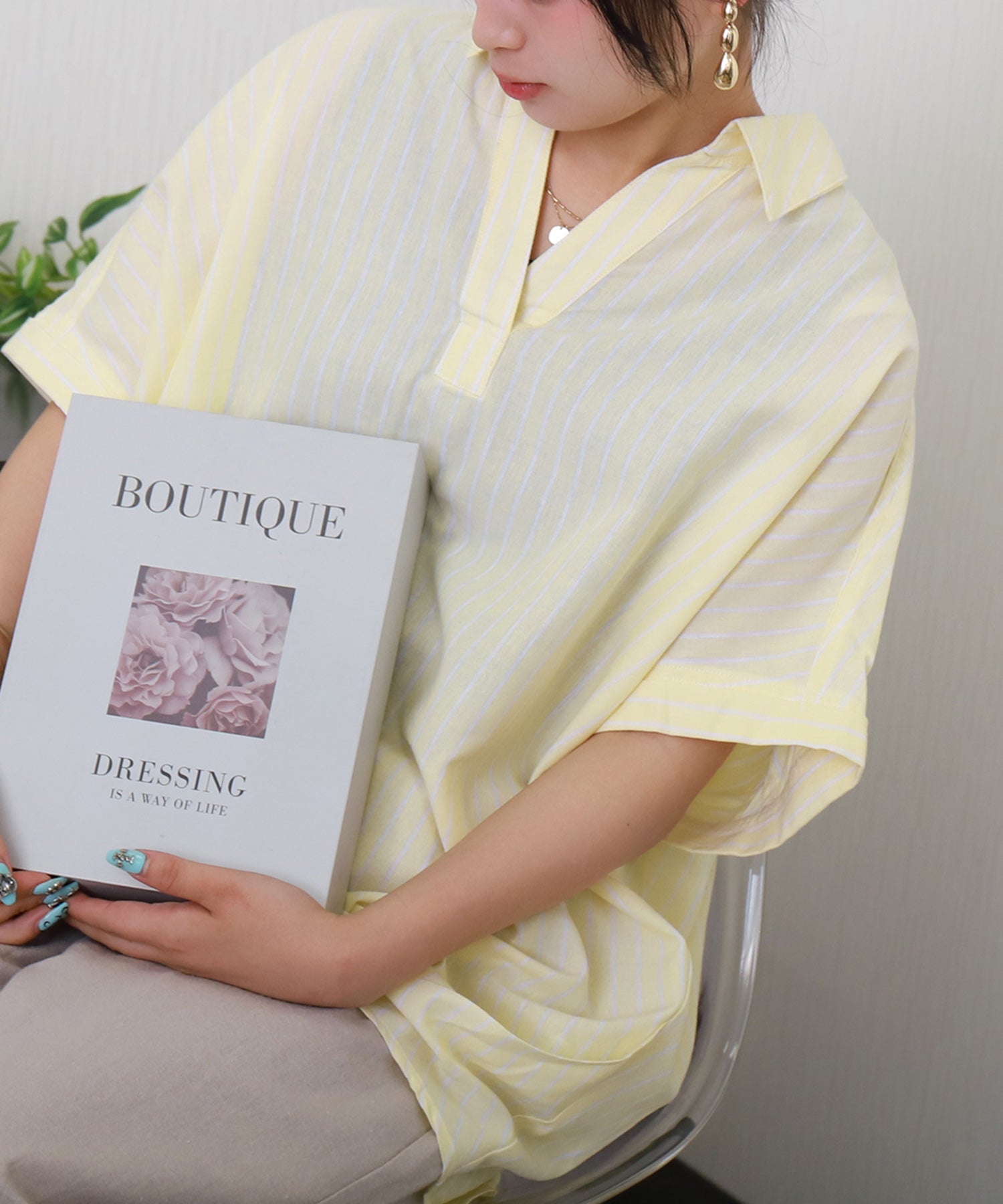 リベル モア libelle more 【抗菌・UVカット・吸水速乾】「やわさらリネン」ストライプスキッパーシャツ (オフ*サックス) オフ*サックス