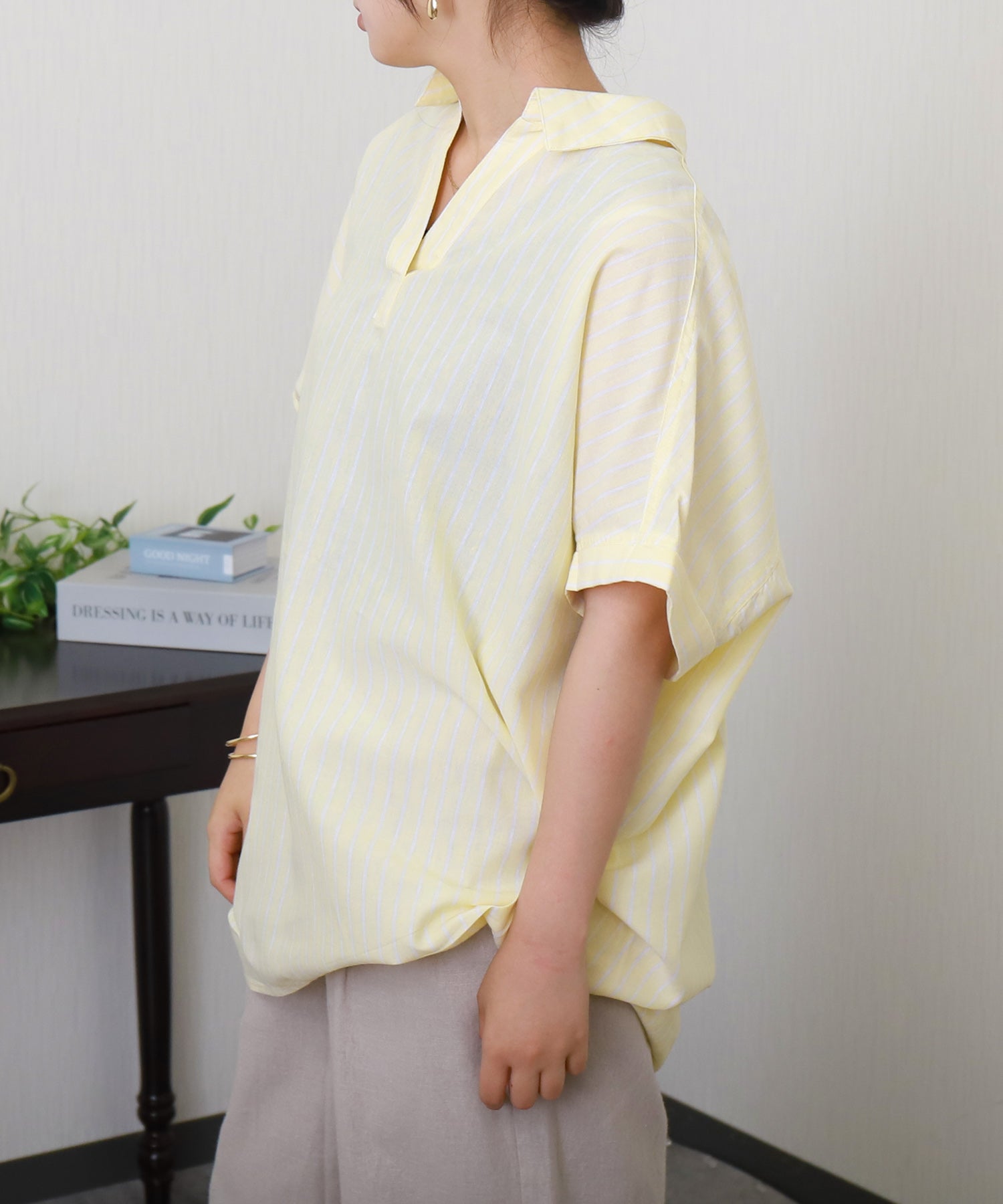 リベル モア libelle more 【抗菌・UVカット・吸水速乾】「やわさらリネン」ストライプスキッパーシャツ (オフ*サックス) オフ*サックス