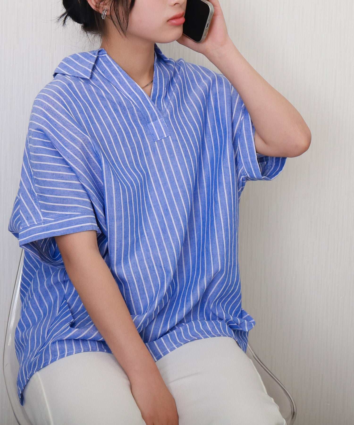 リベル モア libelle more 【抗菌・UVカット・吸水速乾】「やわさらリネン」ストライプスキッパーシャツ (オフ*サックス) オフ*サックス