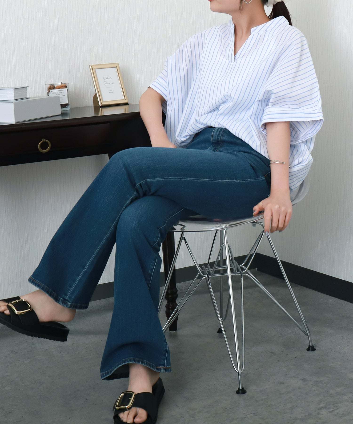 リベル モア libelle more 【抗菌・UVカット・吸水速乾】「やわさらリネン」ストライプバンドカラーシャツ (オフ*サックス) オフ*サックス