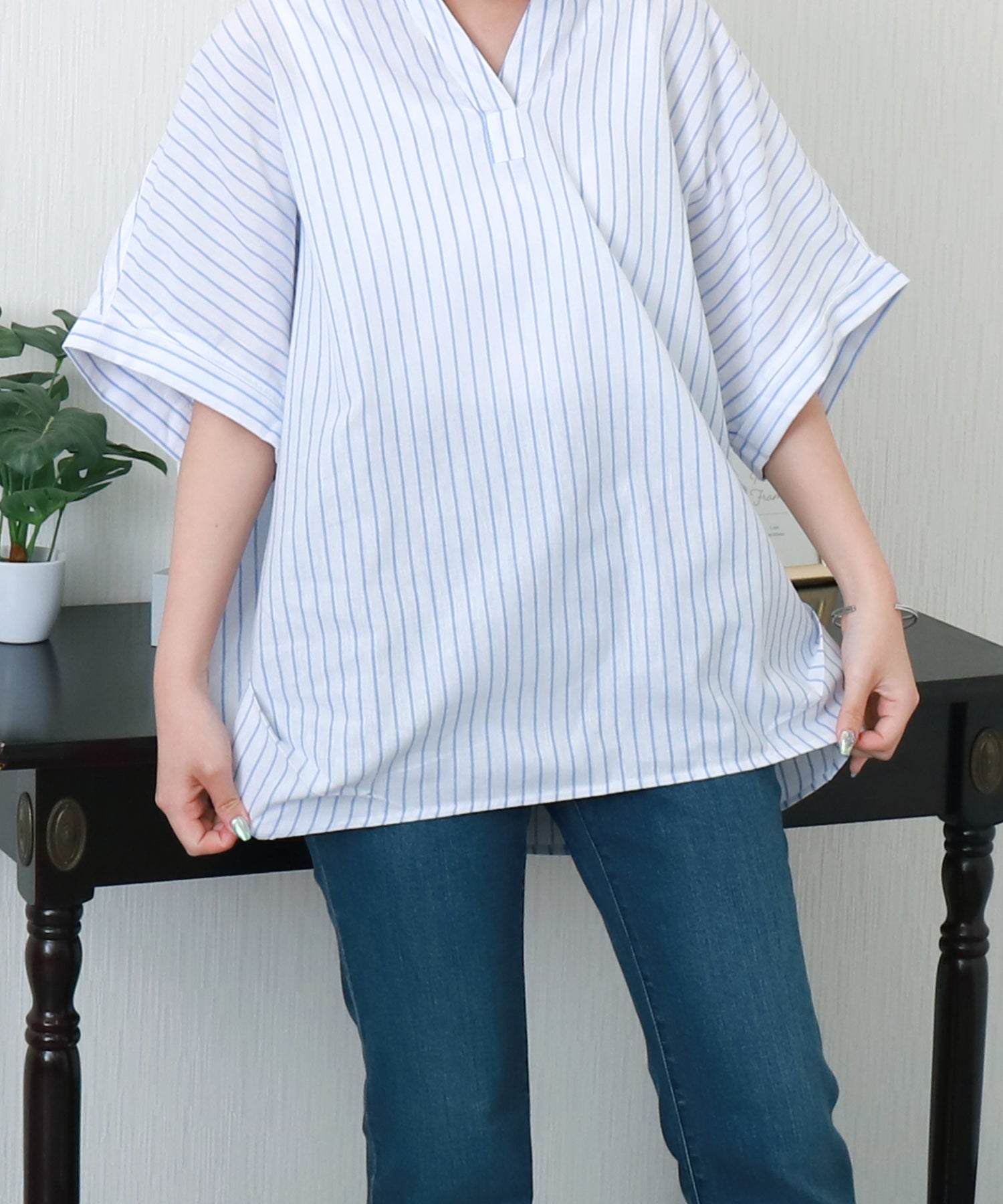 リベル モア libelle more 【抗菌・UVカット・吸水速乾】「やわさらリネン」ストライプバンドカラーシャツ (オフ*サックス) オフ*サックス