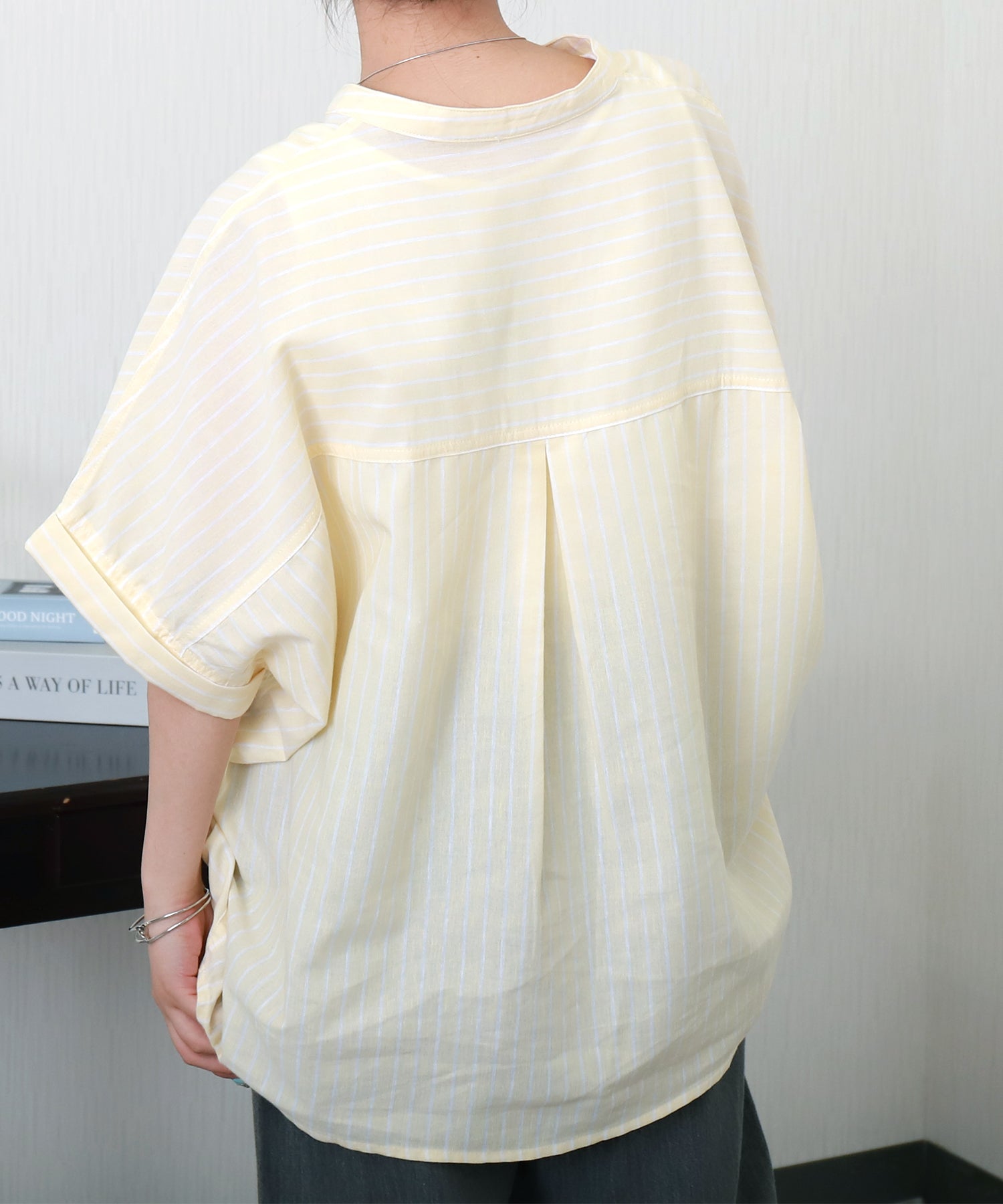 リベル モア libelle more 【抗菌・UVカット・吸水速乾】「やわさらリネン」ストライプバンドカラーシャツ (オフ*サックス) オフ*サックス