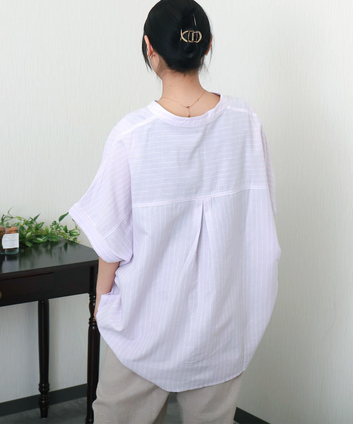 リベル モア libelle more 【抗菌・UVカット・吸水速乾】「やわさらリネン」ストライプバンドカラーシャツ (オフ*サックス) オフ*サックス