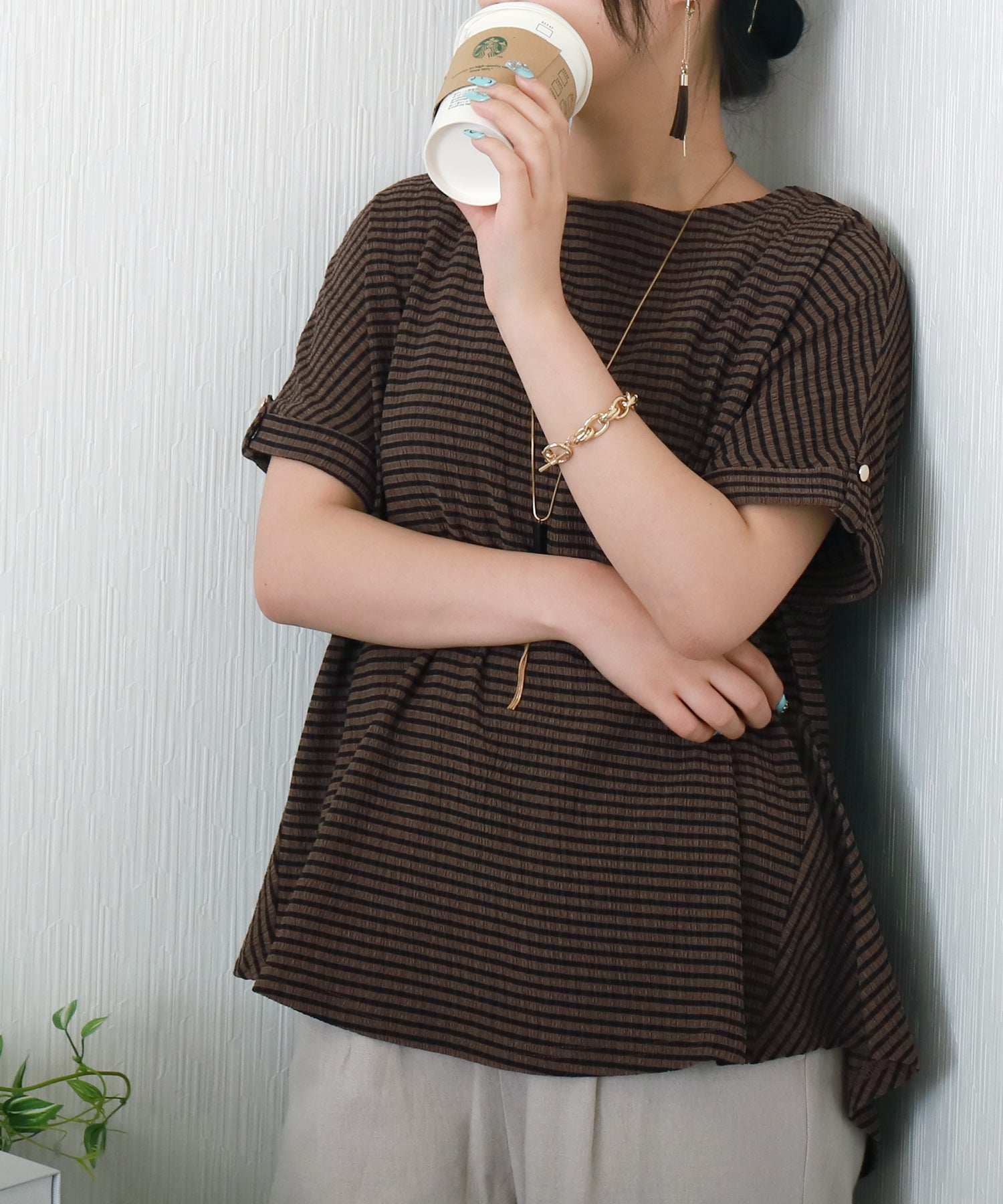 リベル モア libelle more シャーリングバックフレアトップス (モカ*ブラウン チェック) モカ*ブラウン チェック