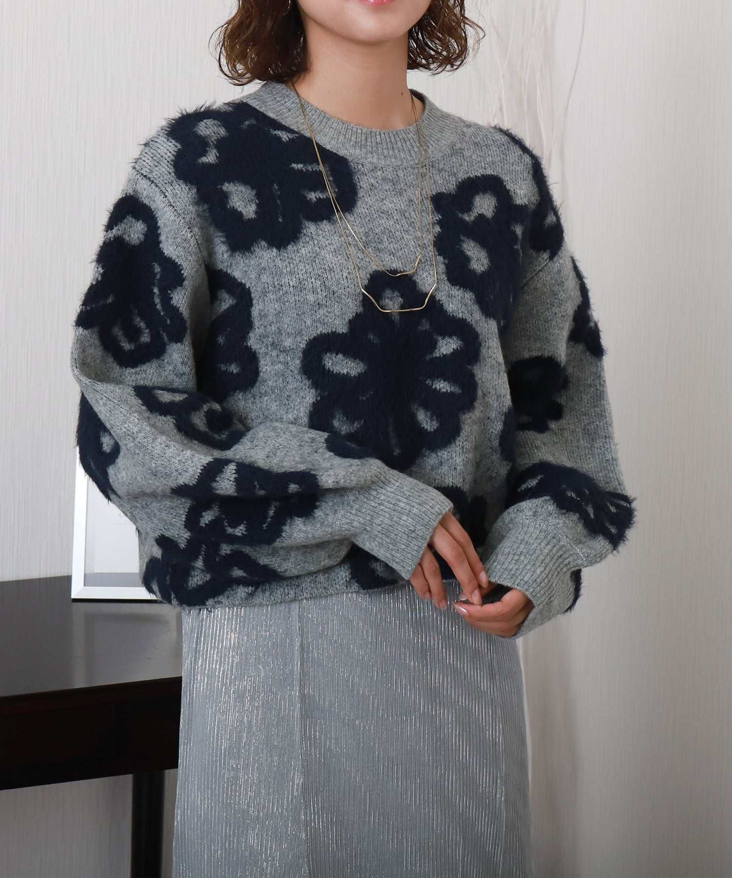 リベル モア libelle more BIGフラワー柄ジャガードニットプルオーバー (杢グレー) 杢グレー