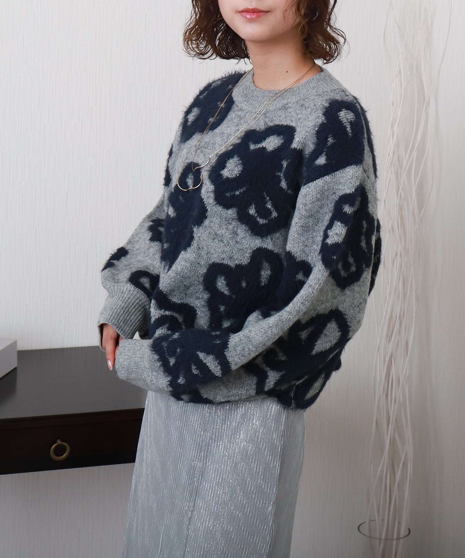 リベル モア libelle more BIGフラワー柄ジャガードニットプルオーバー (杢グレー) 杢グレー