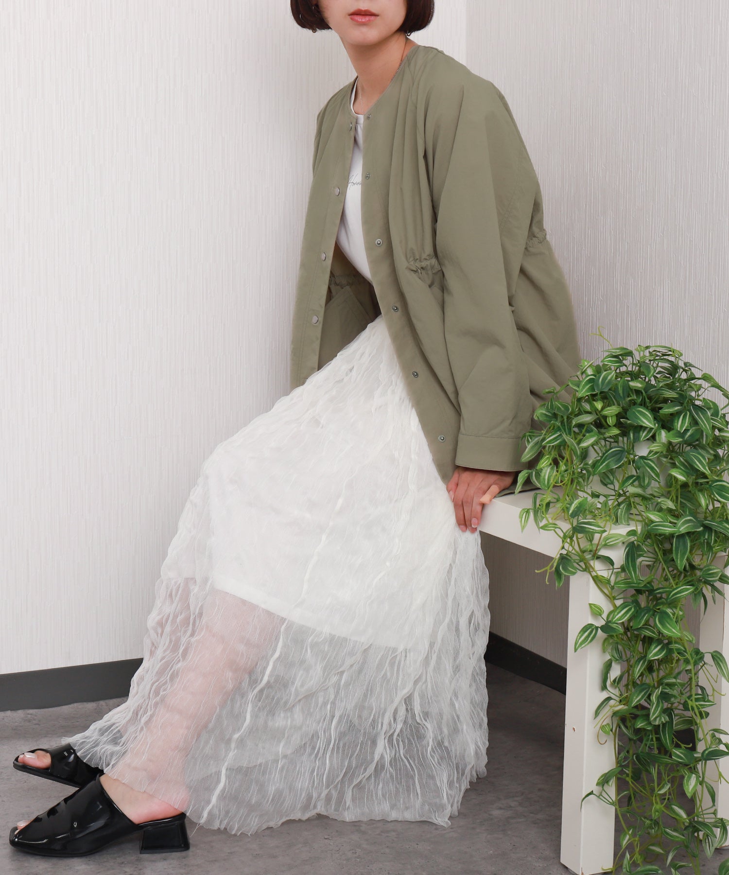 リベル モア libelle more 【防花粉加工】ナイロンノーカラーコート (カーキ) カーキ