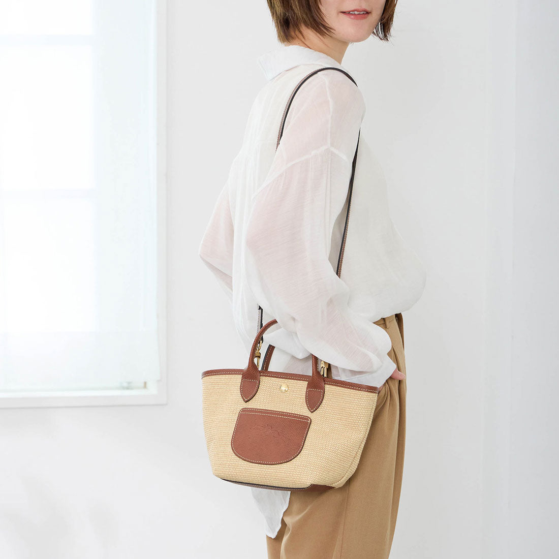 LONGCHAMP ショルダーバッグ ベージュ/ブラウン 籠 バスケット LONGCHAMP Handbag Le Pliage Original Basket Bag XS Size 10307 HGK 035