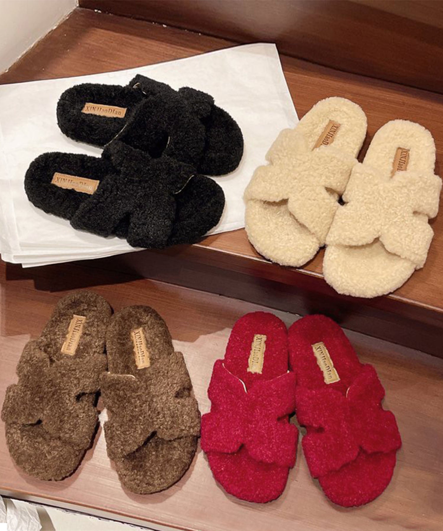 ロワ LOWO ボア フラットサンダル 秋 冬 (ブラック) ブラック