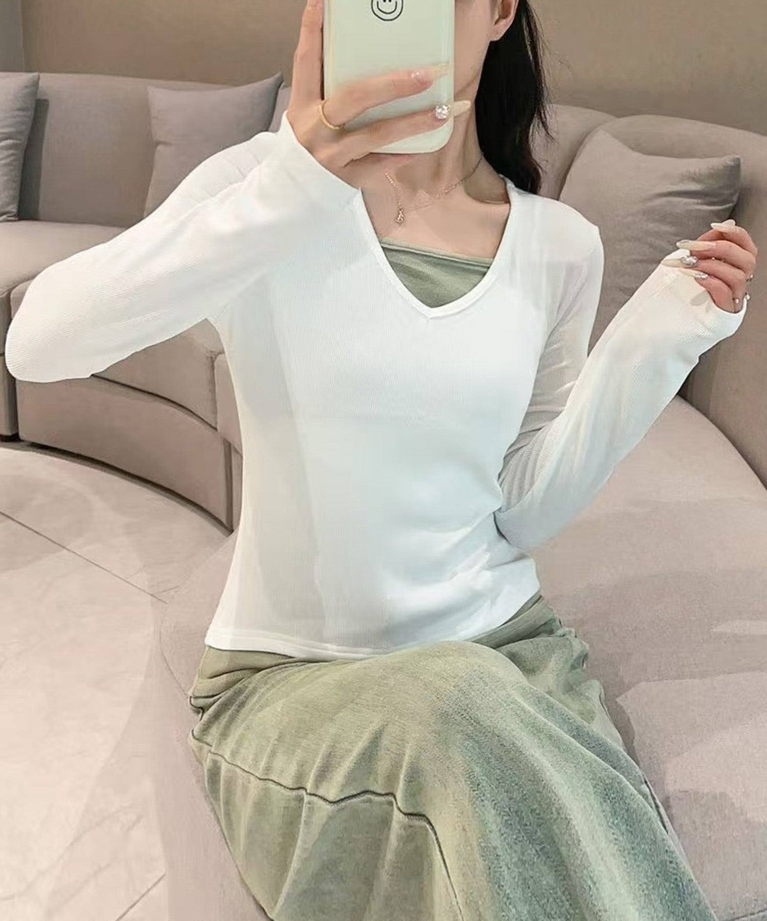 ロワ LOWO ストレッチ素材Vネックカットソー (オフホワイト) オフホワイト