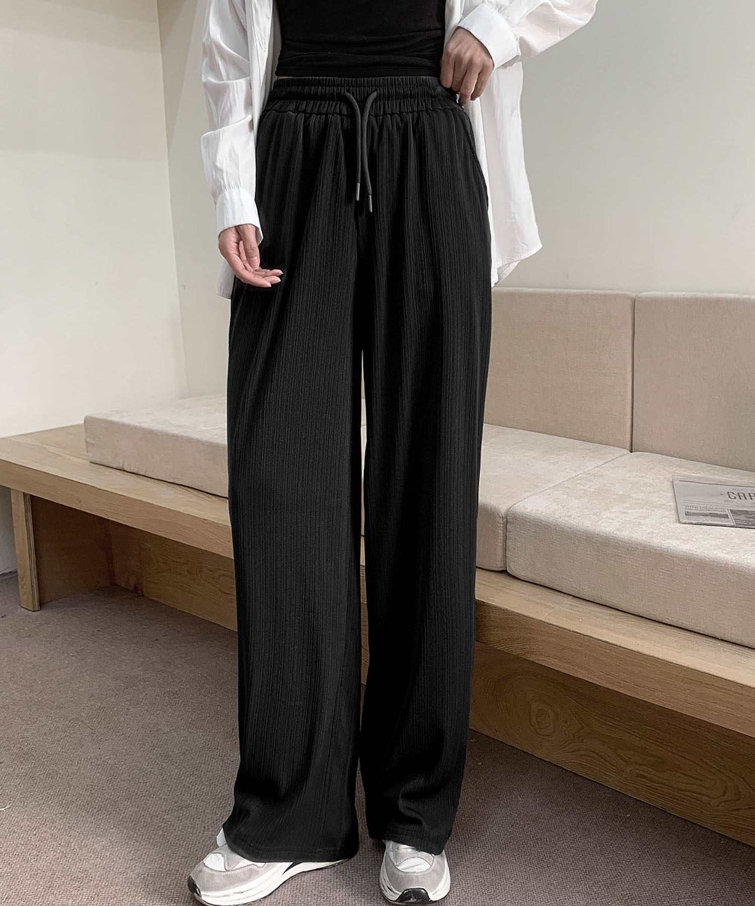 ロワ LOWO リブワイドパンツ イージーパンツ (ブラック) ブラック