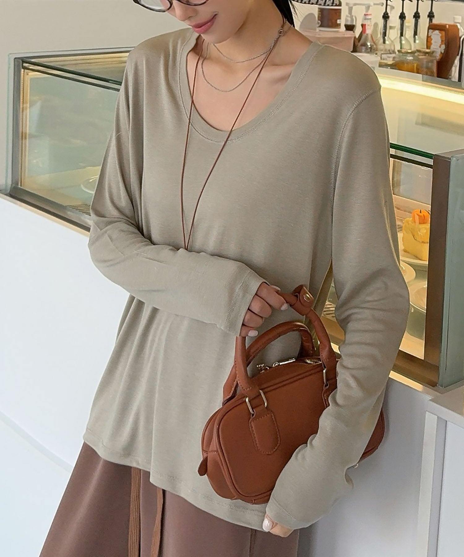 ロワ LOWO UネックロングスリーブTシャツ カットソー (ベージュ) ベージュ