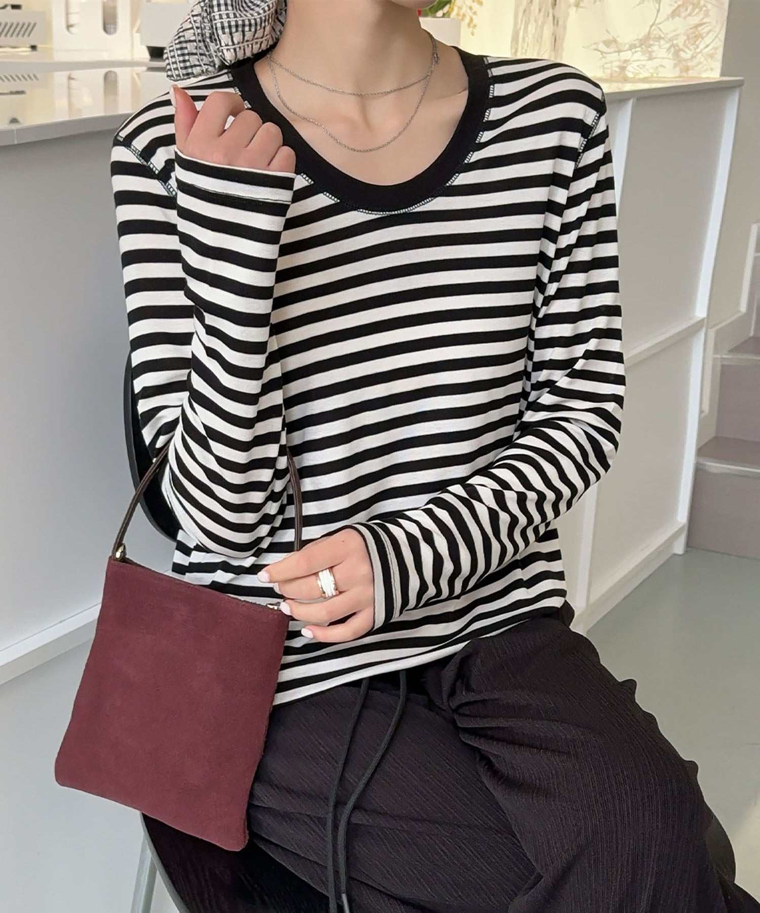 ロワ LOWO UネックロングスリーブTシャツ カットソー (ブラックオフホワイト) ブラックオフホワイト