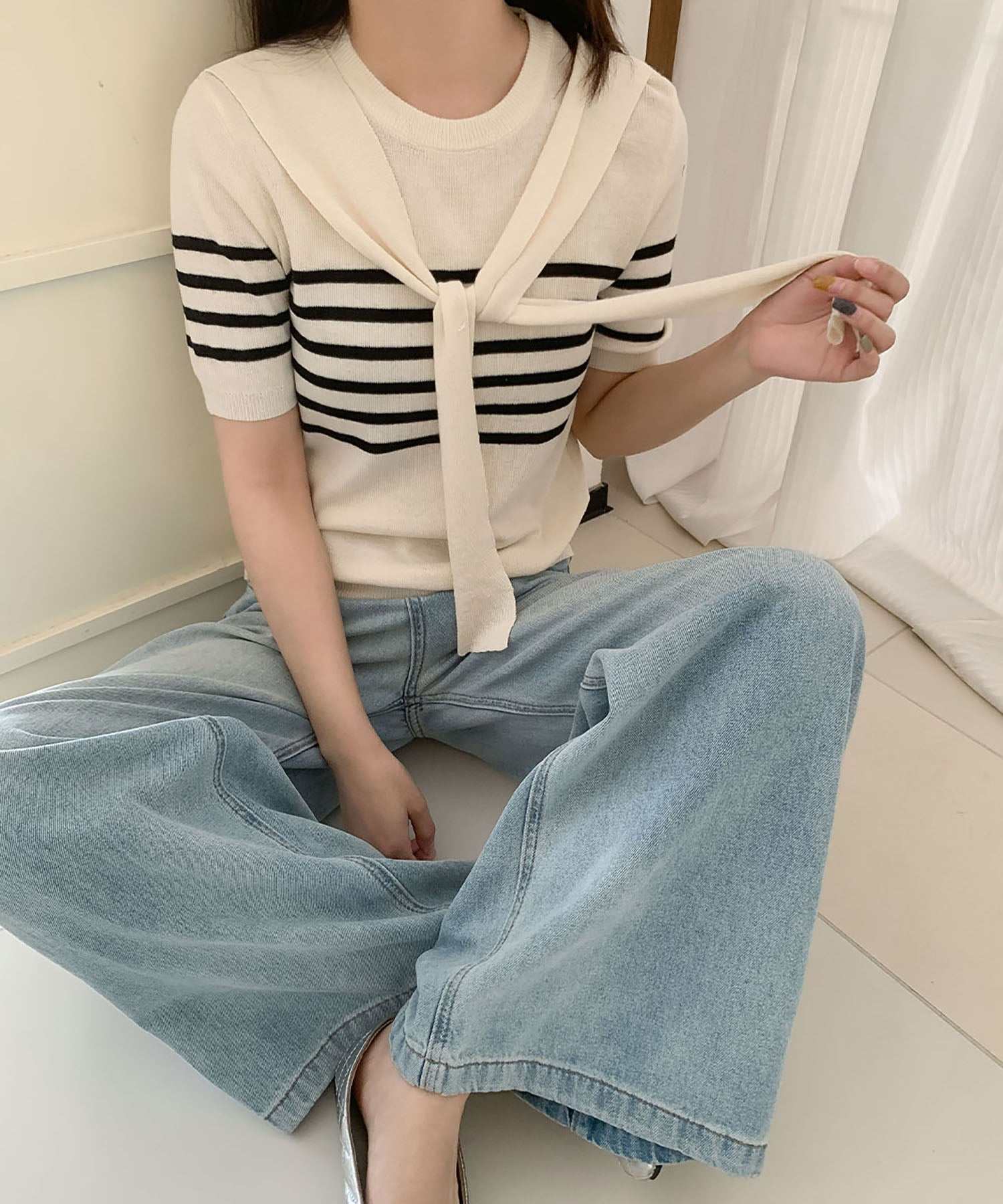 ロワ LOWO 肩掛けデザインボーダーニットプルオーバー (アイボリー) アイボリー