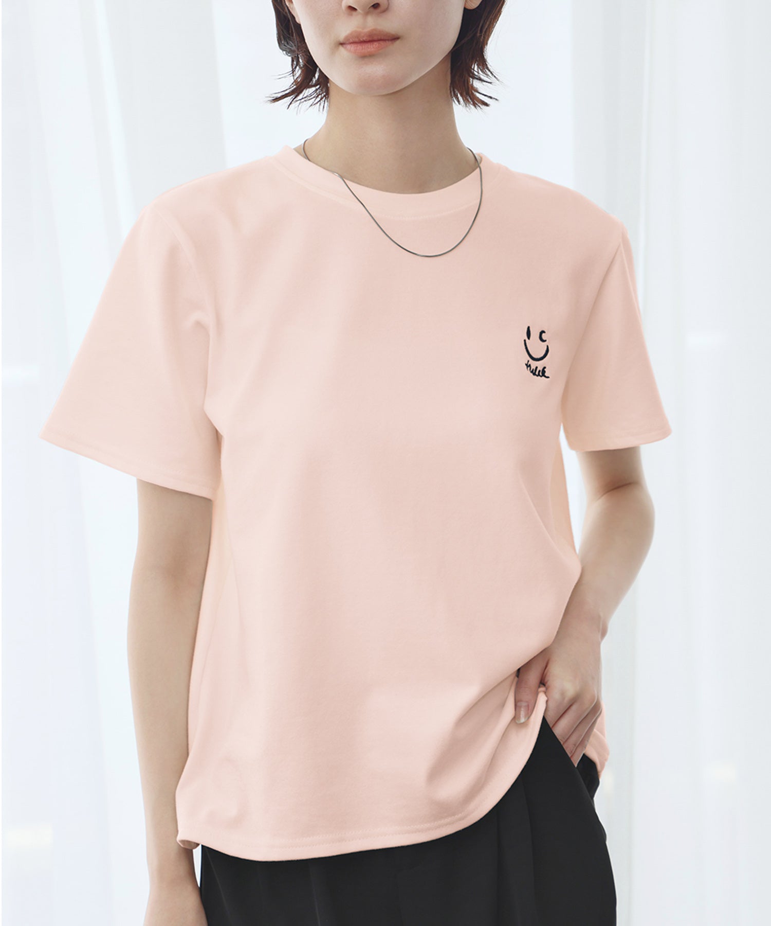 ロワ LOWO ワンポイントスマイリー刺繍Tシャツ カットソー (ピンク) ピンク