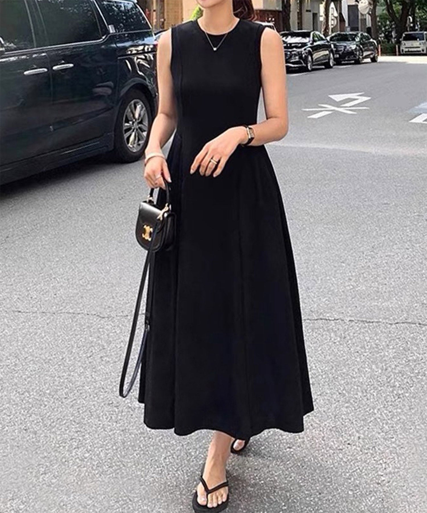 ロワ LOWO 綿混ウエストギャザーノースリーブロング丈ワンピース (ブラック) ブラック