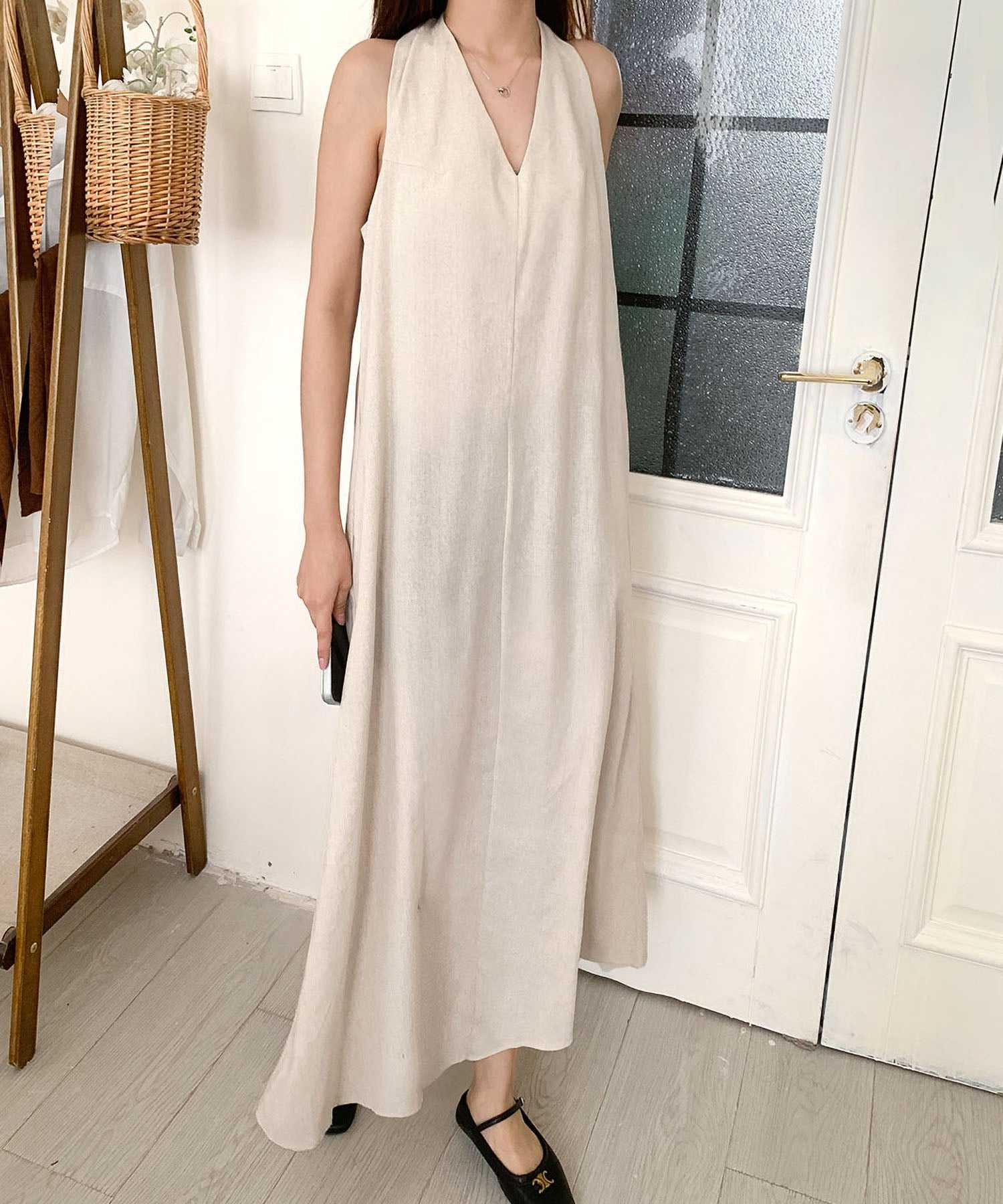 ロワ LOWO 綿麻混ホルターネックAラインロングワンピース (ベージュ) ベージュ