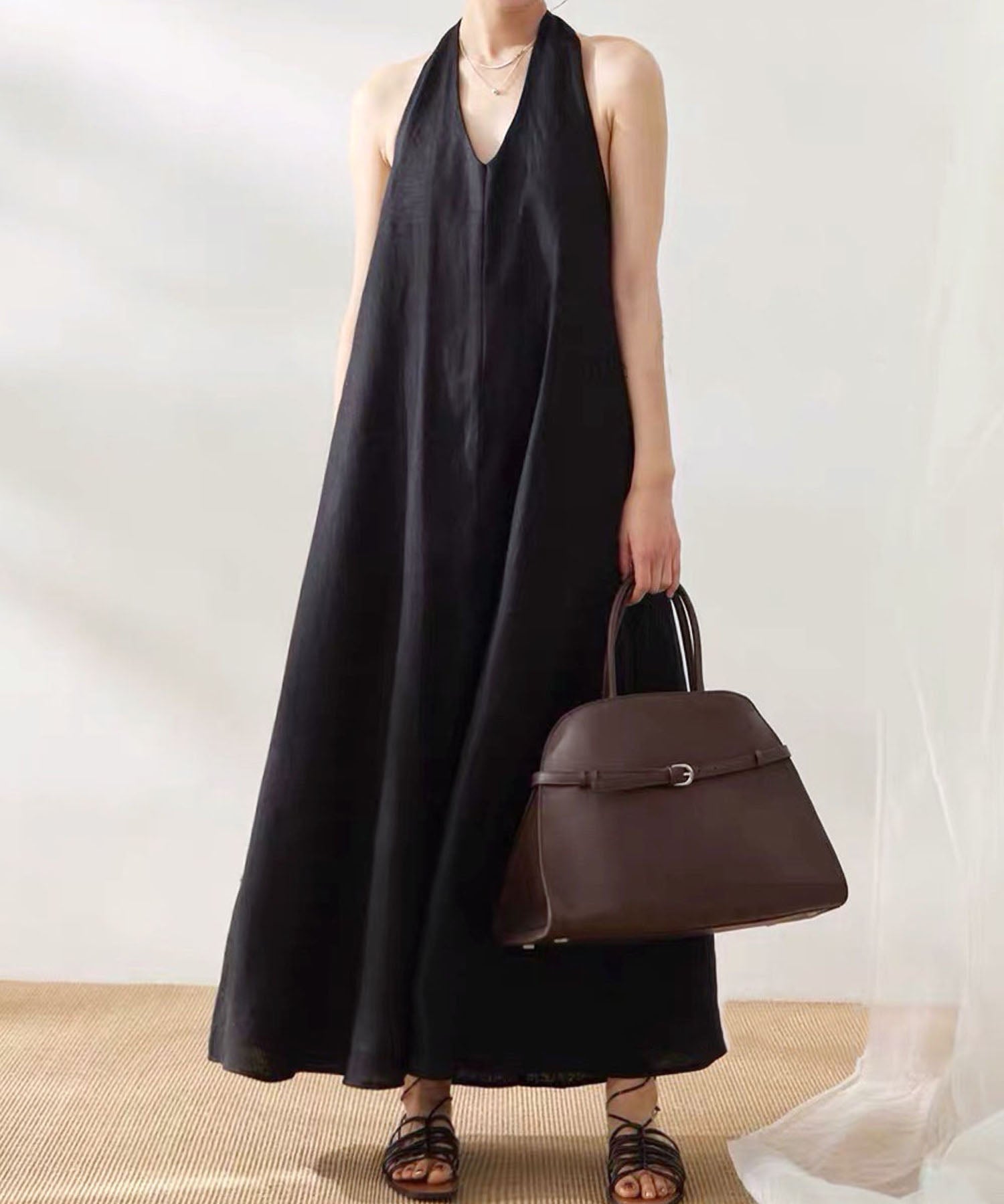 linen blend halter dress LOWO Cotton-Linen Blend Halter Neck A-Line Long Dress