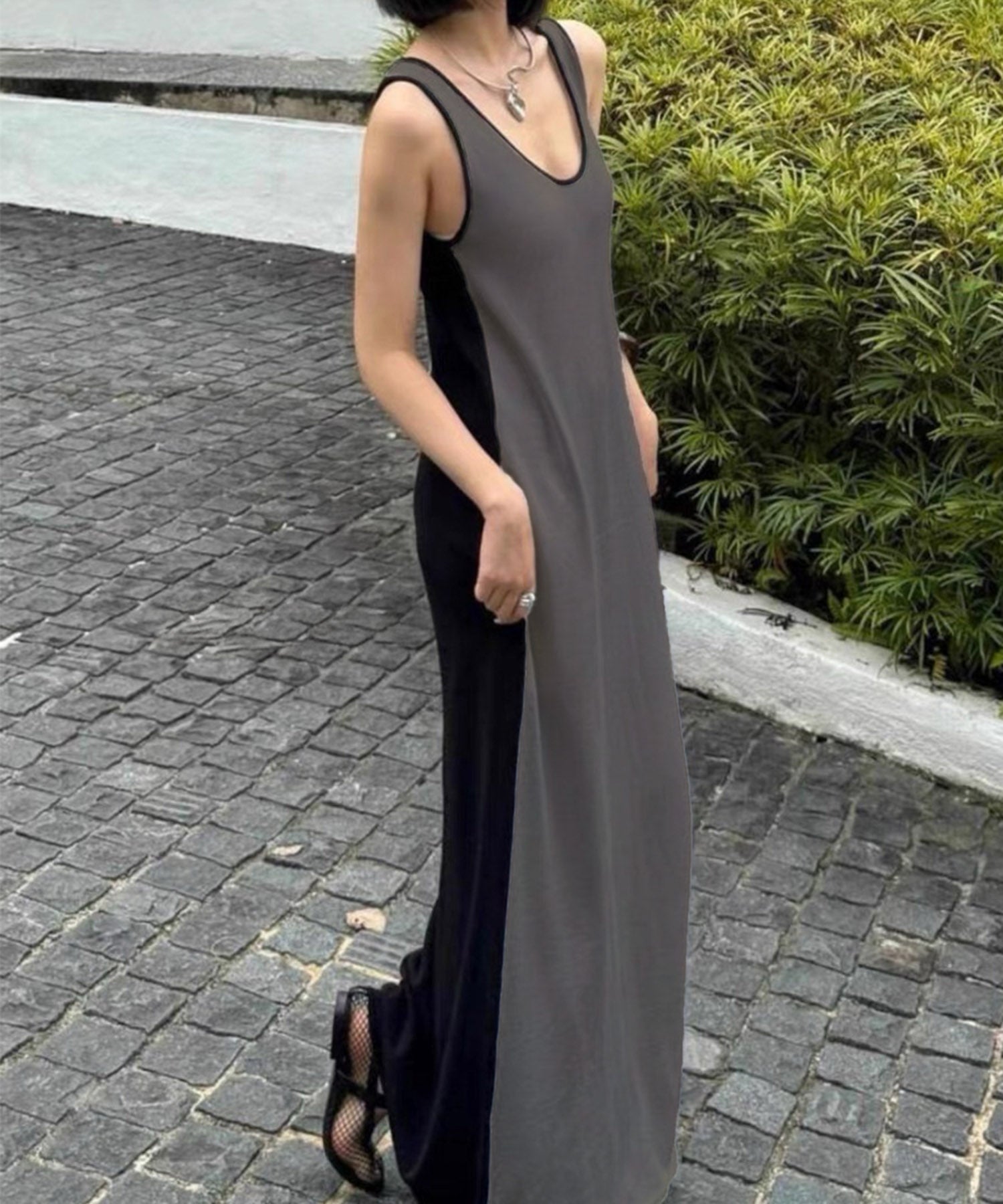 ロワ LOWO バイカラーIラインロングワンピース (グレー) グレー