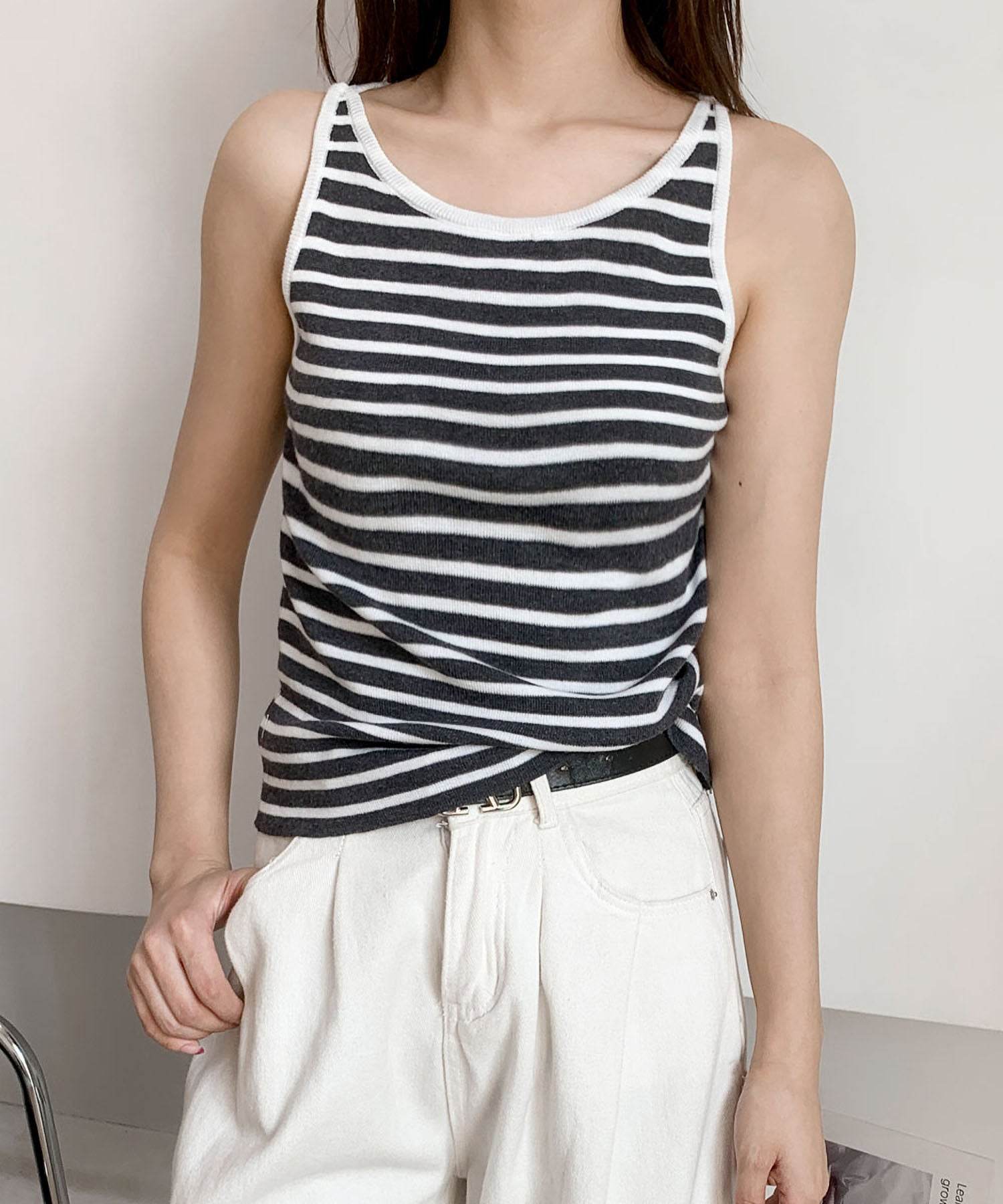 ロワ LOWO クルーネックニットタンクトップ (チャコールグレーオフホワイト) チャコールグレーオフホワイト