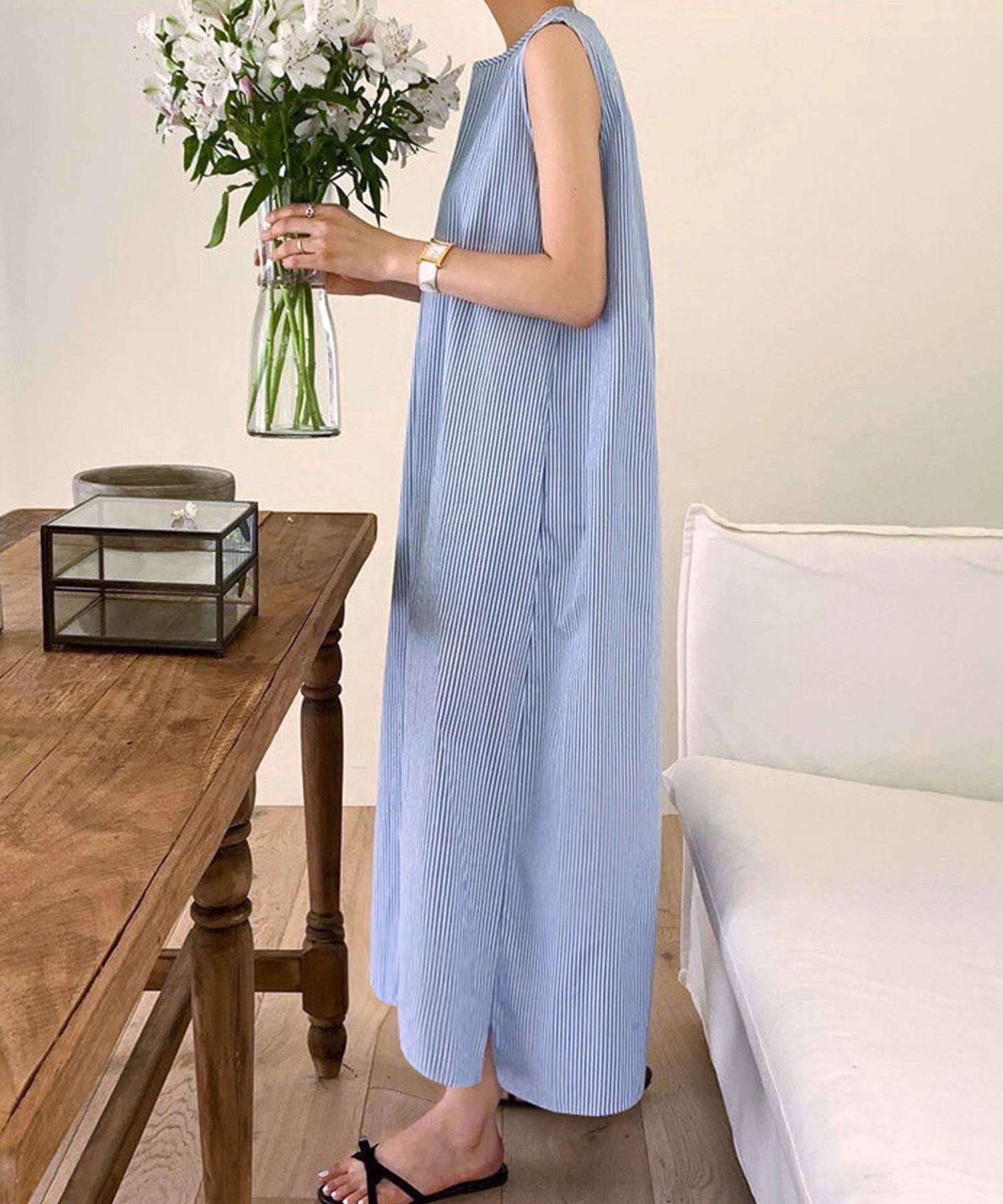 ロワ LOWO 綿麻混バックスリットAラインストライプロングワンピース (ブルー) ブルー