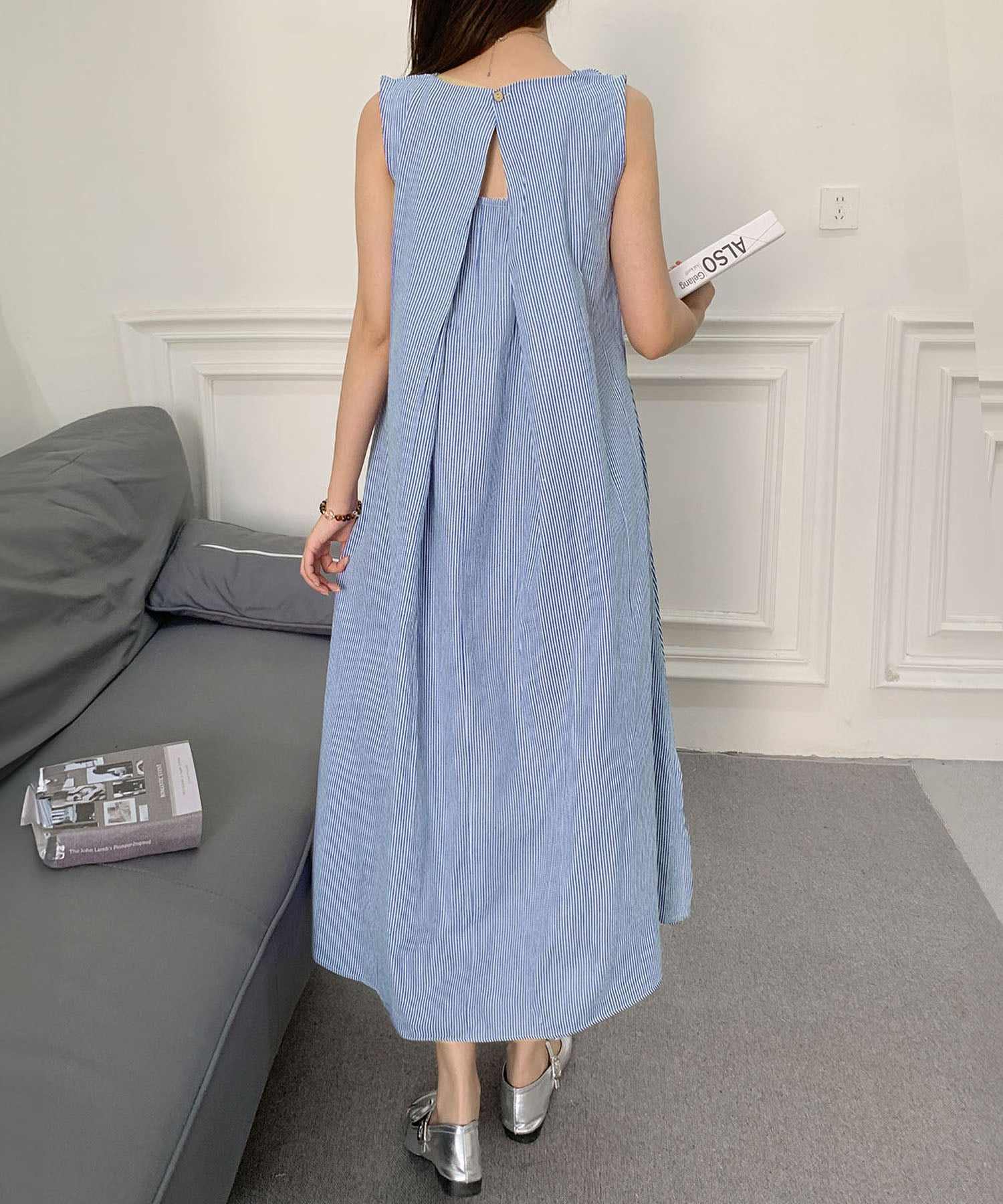 ロワ LOWO 綿麻混バックスリットAラインストライプロングワンピース (ブルー) ブルー