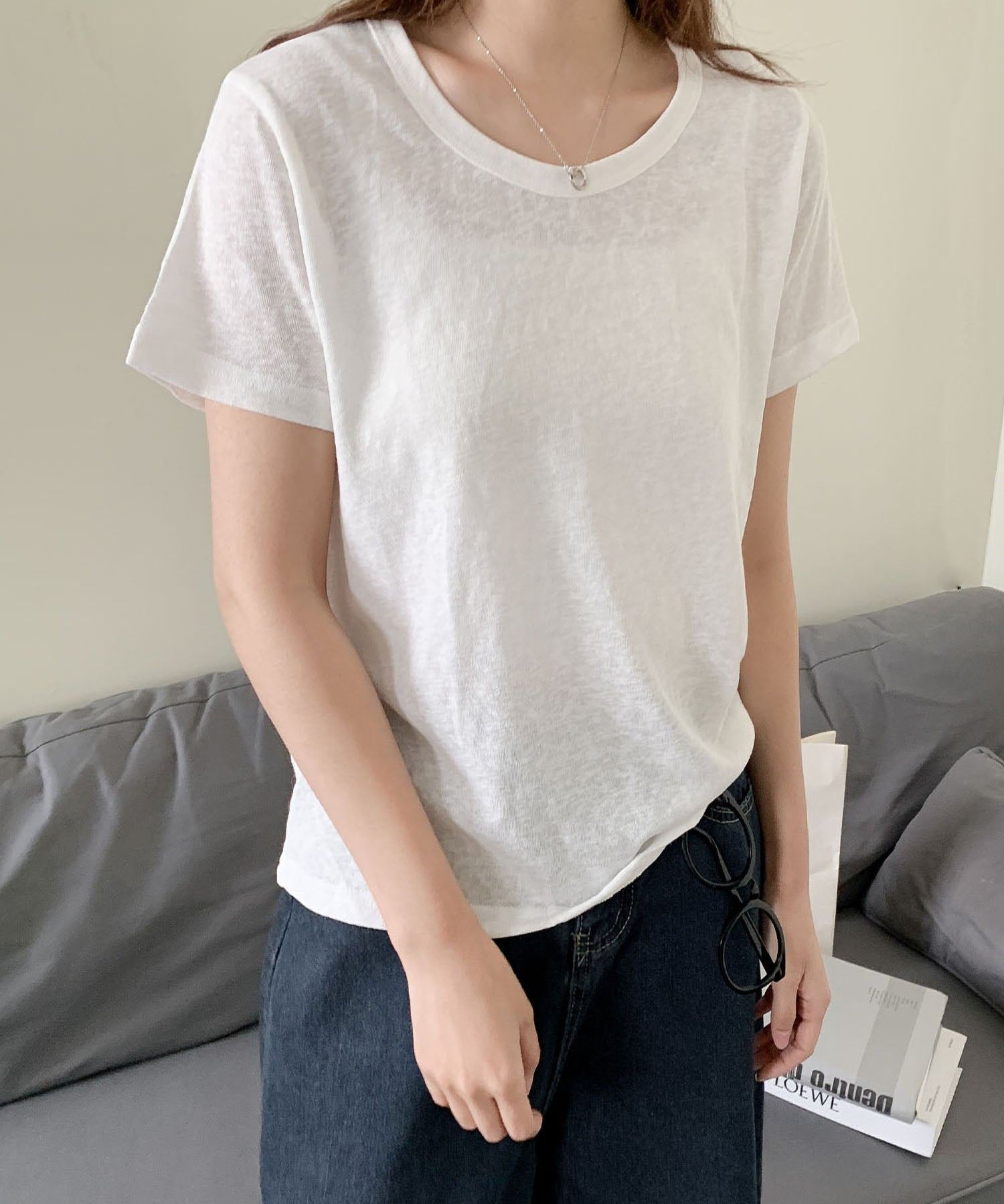 ロワ LOWO 綿混無地シンプルTシャツ カットソー (ホワイト) ホワイト