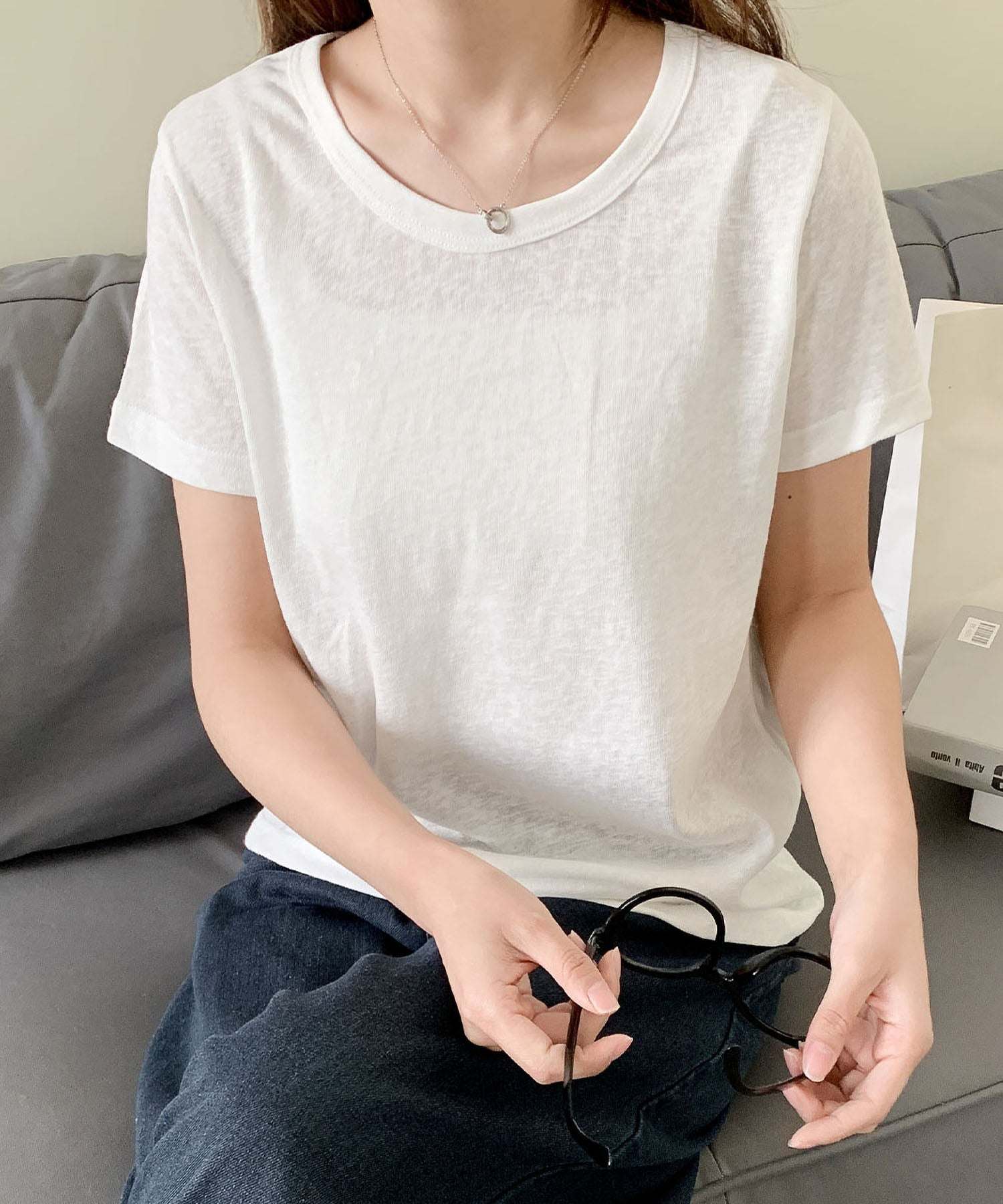 ロワ LOWO 綿混無地シンプルTシャツ カットソー (ホワイト) ホワイト