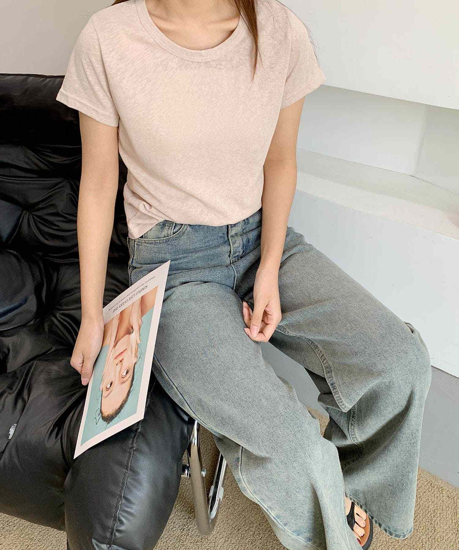 ロワ LOWO 綿混無地シンプルTシャツ カットソー (ピンクベージュ) ピンクベージュ