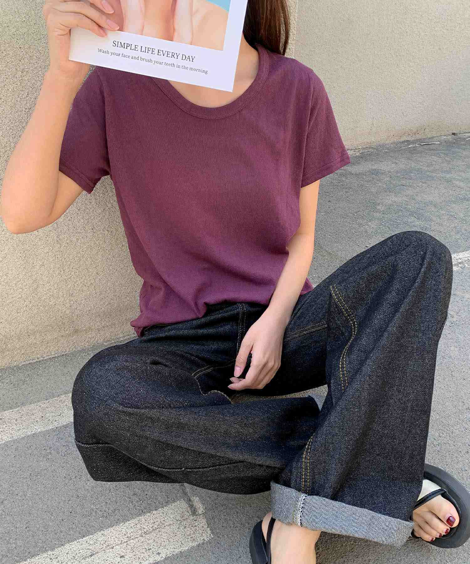 ロワ LOWO 綿混シンプル無地Tシャツ カットソー (パープル) パープル