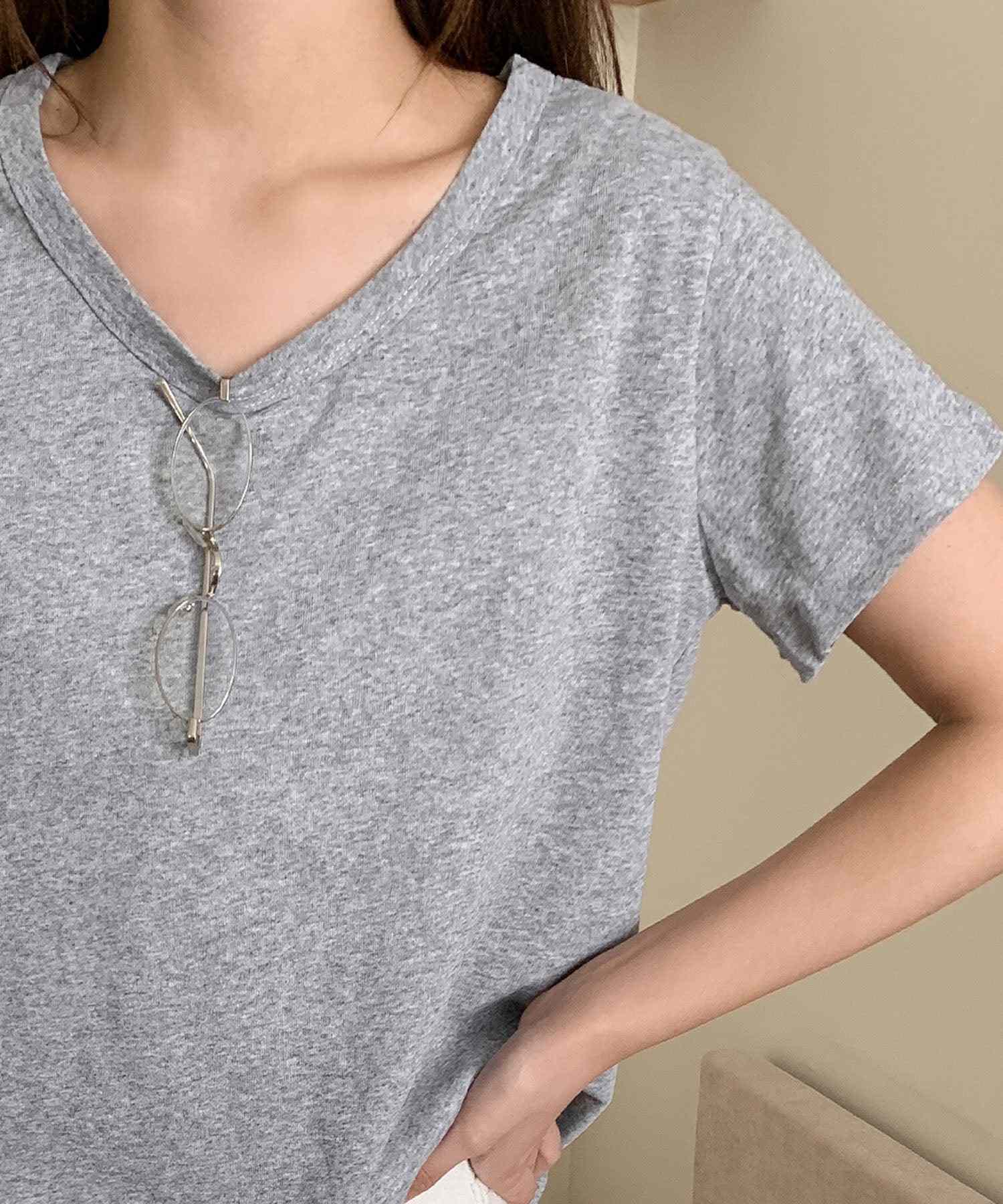 ロワ LOWO 綿混シンプル無地Tシャツ カットソー (グレー) グレー